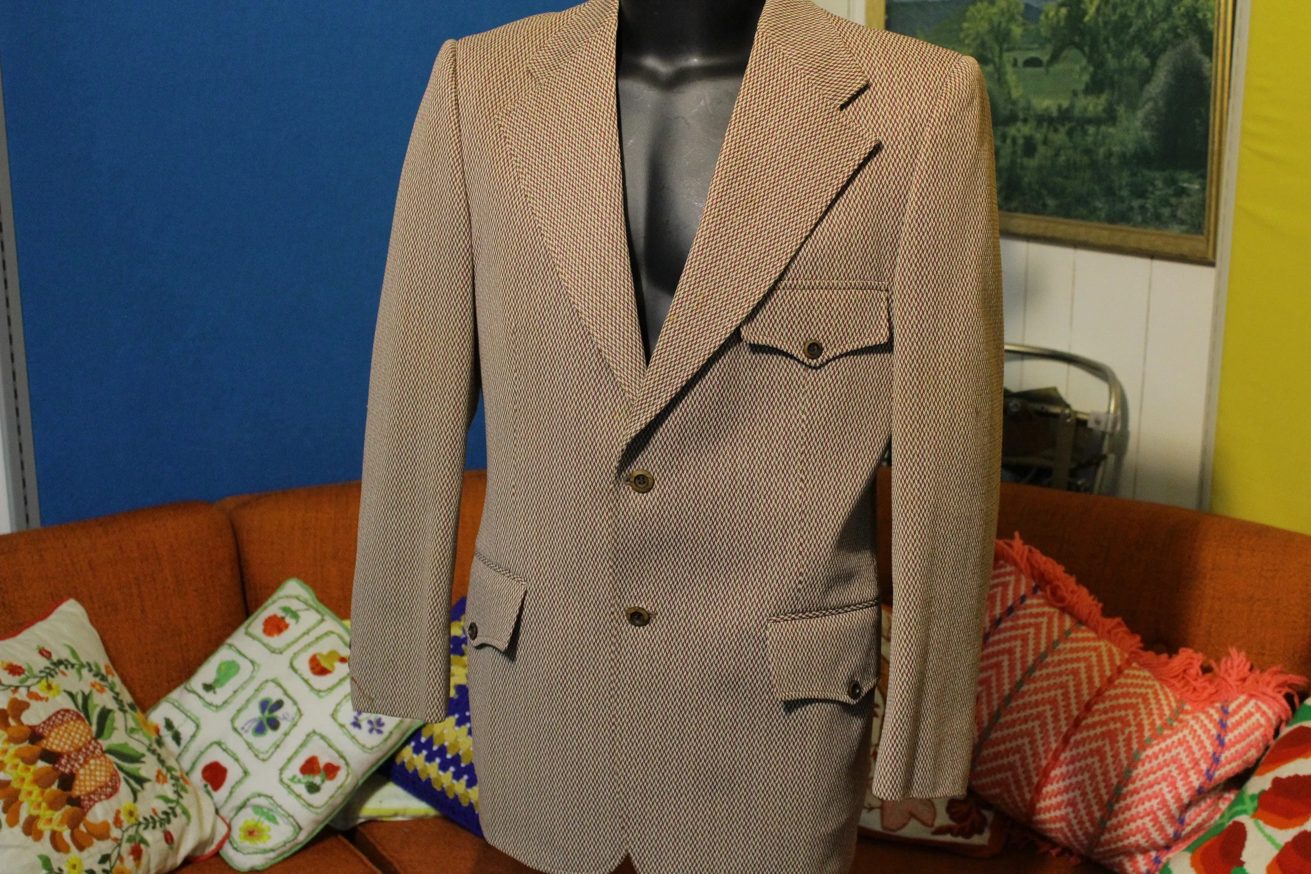 1970's Plaid Two Button Brown Leisure Suit Jacket.  Slick Clothes. Sherwood Premier Quality