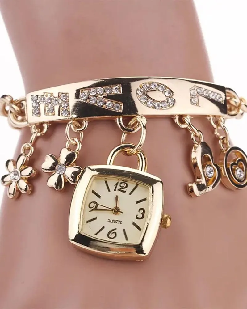 1pc Floral Love Letter Pattern Tassel Design Bangle Quartz Watch