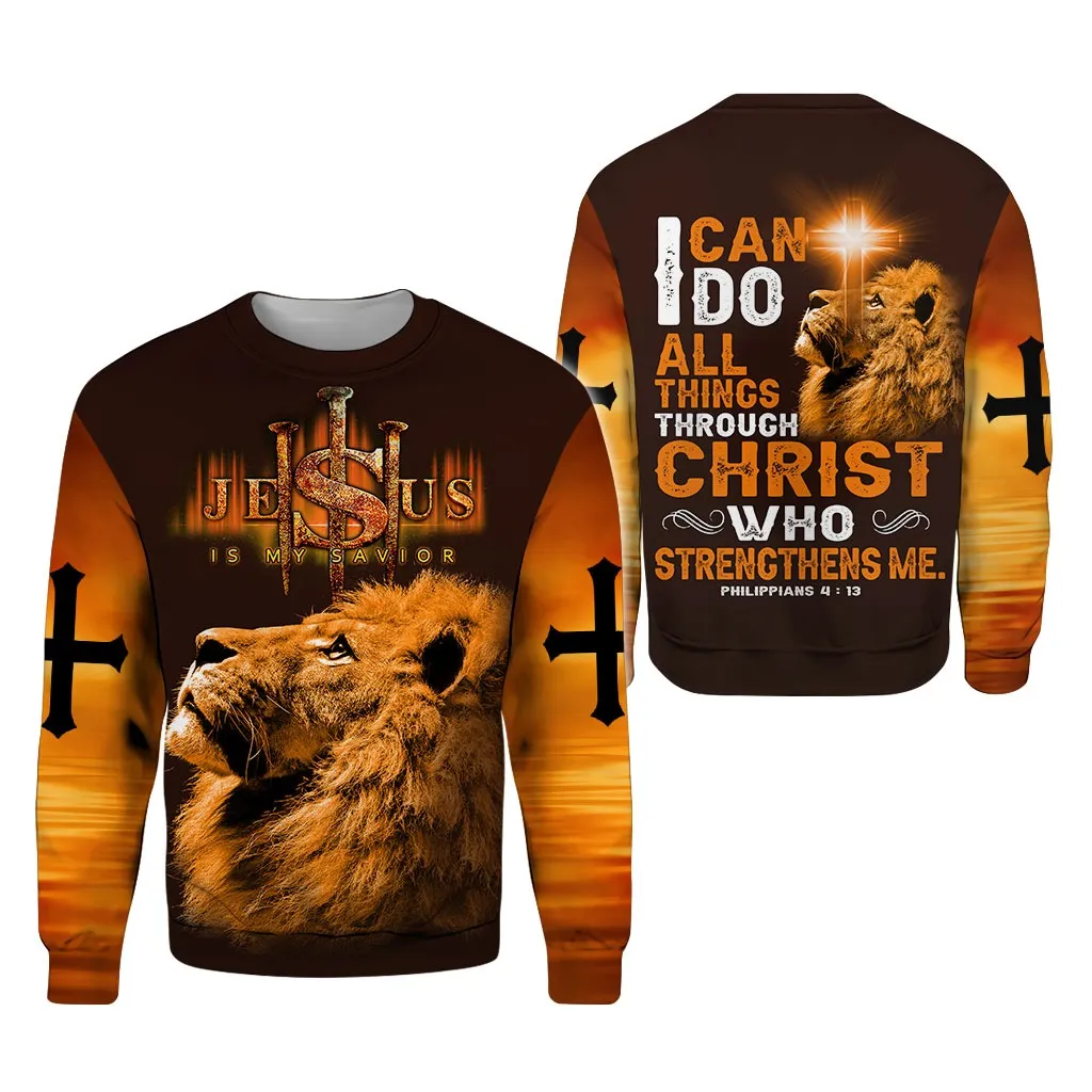 3D All Over Print Jesus And Lion Hoodie Tshirt For Men And Woman I Can Do All Things Through Christ Who Strengthens Me