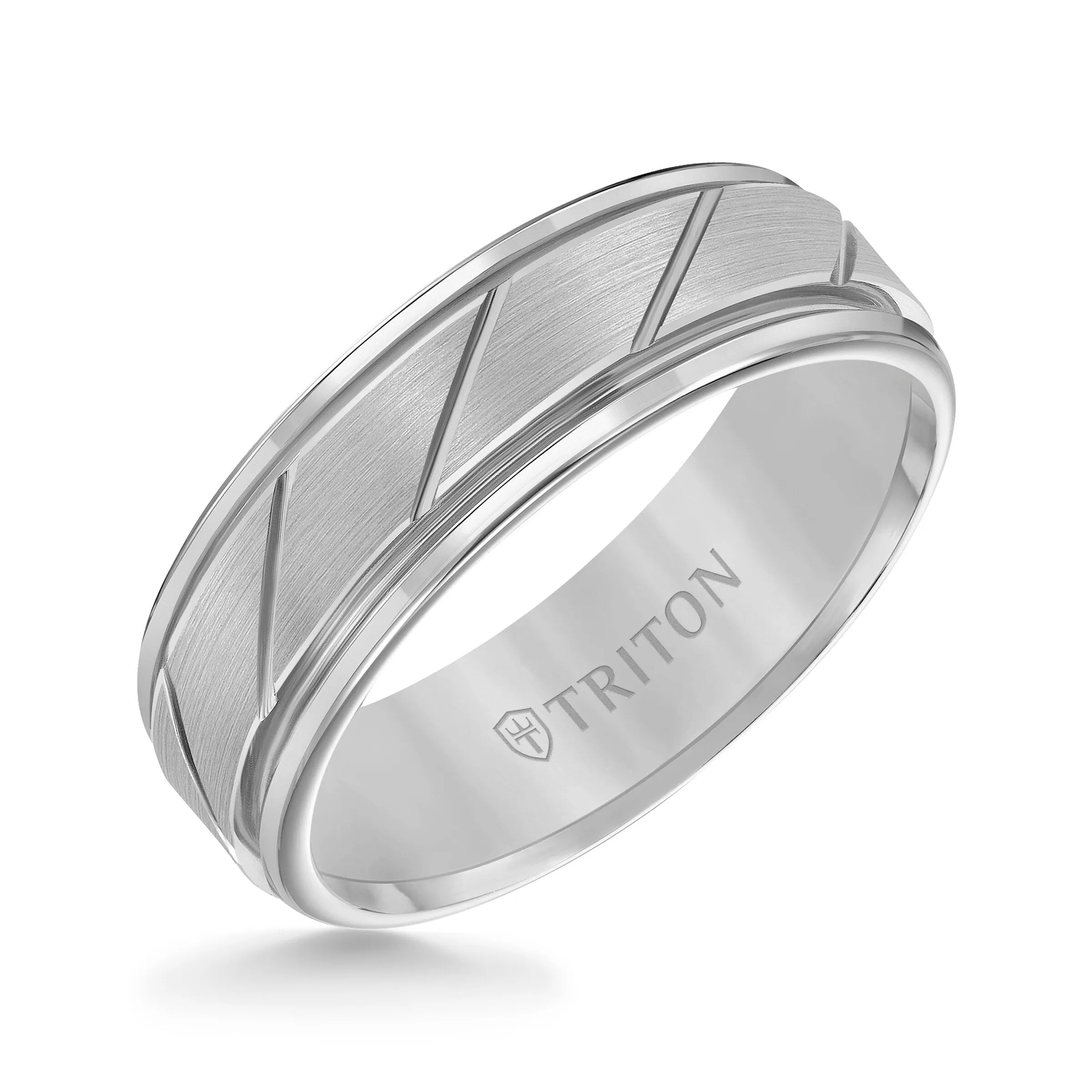 7MM Grey Tungsten Carbide Ring - Diagonal Cut Center and Round Edge