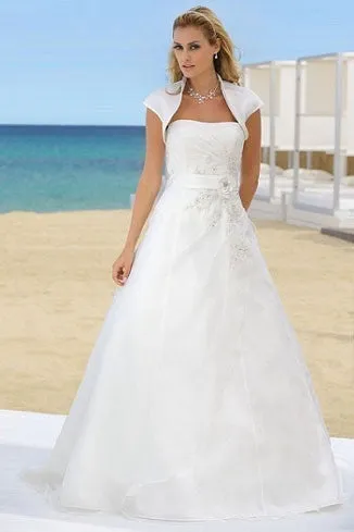 A-Line Cap-Sleeve Maxi Strapless Organza Wedding Dress With Cape And Side Draping-MK_702623