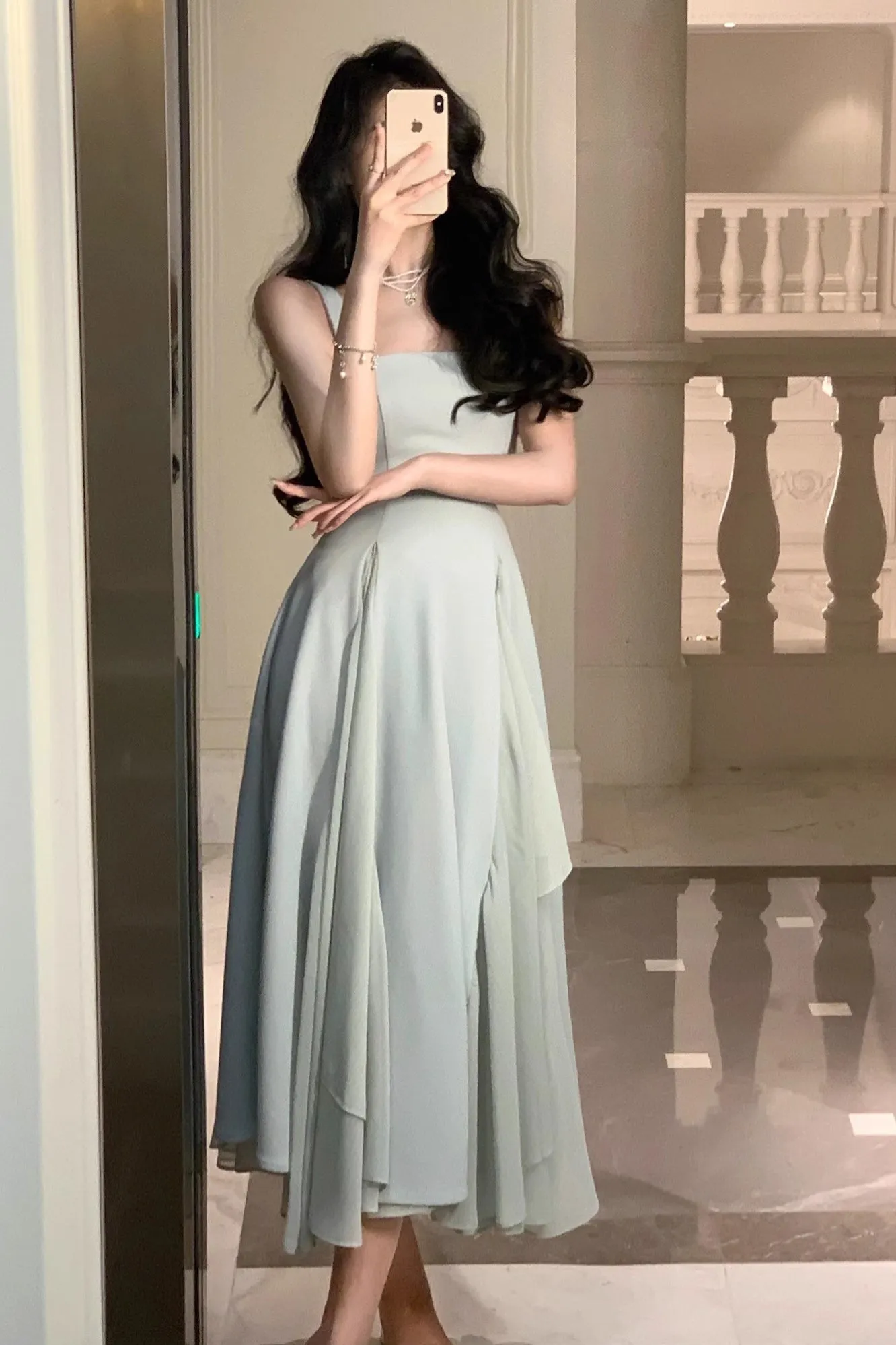 A Line Square Neck Prom Dress, Ankle Length Elegant Evening Gown