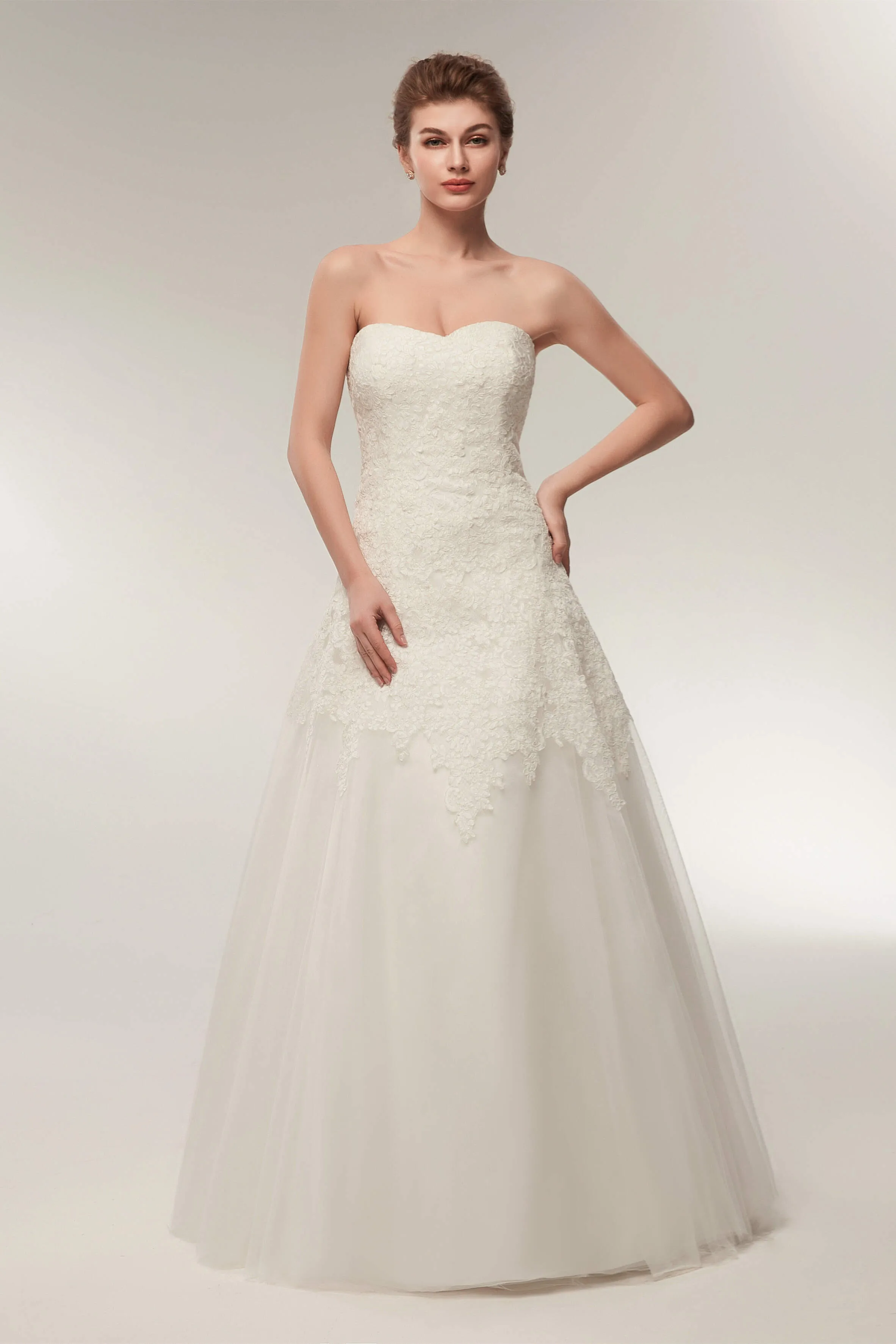 A Line Strapless Ivory Lace Floor Length Wedding Dresses