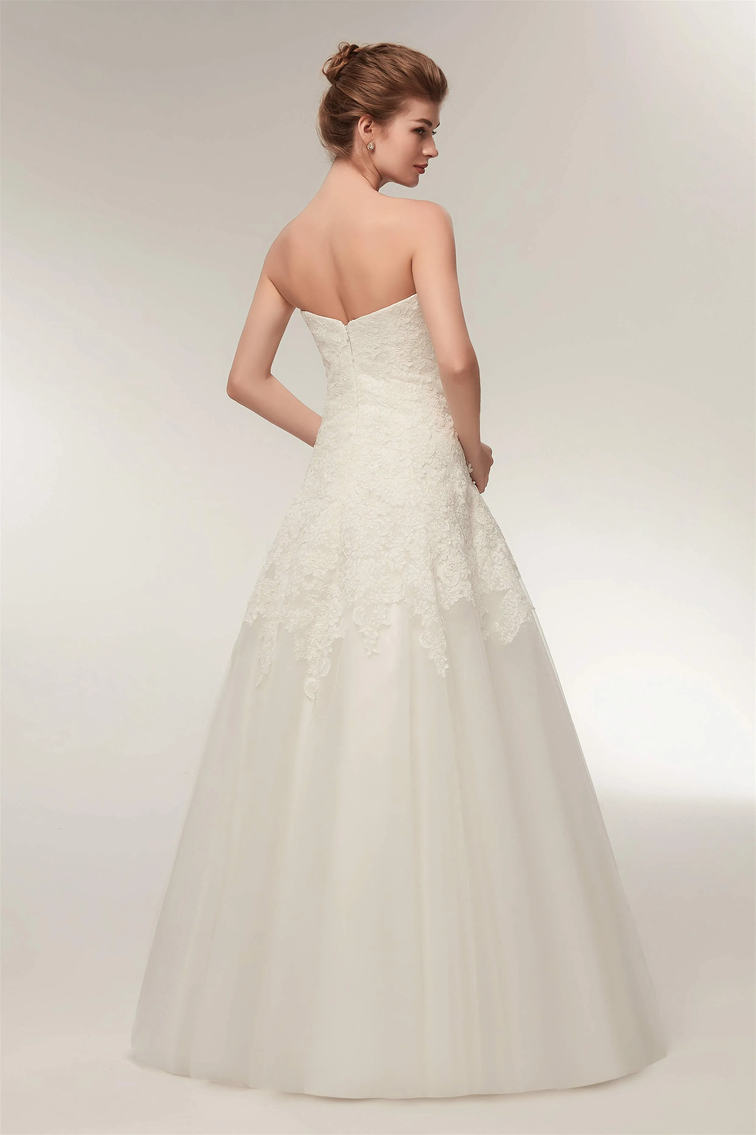 A Line Strapless Ivory Lace Floor Length Wedding Dresses