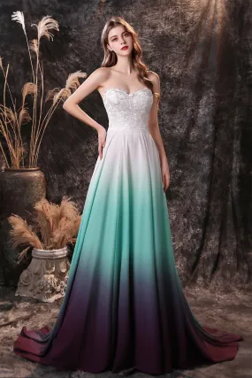 A Line Strapless Sleeveless Appliques Ombre Silk Like Satin Sweep Train Prom Dresses