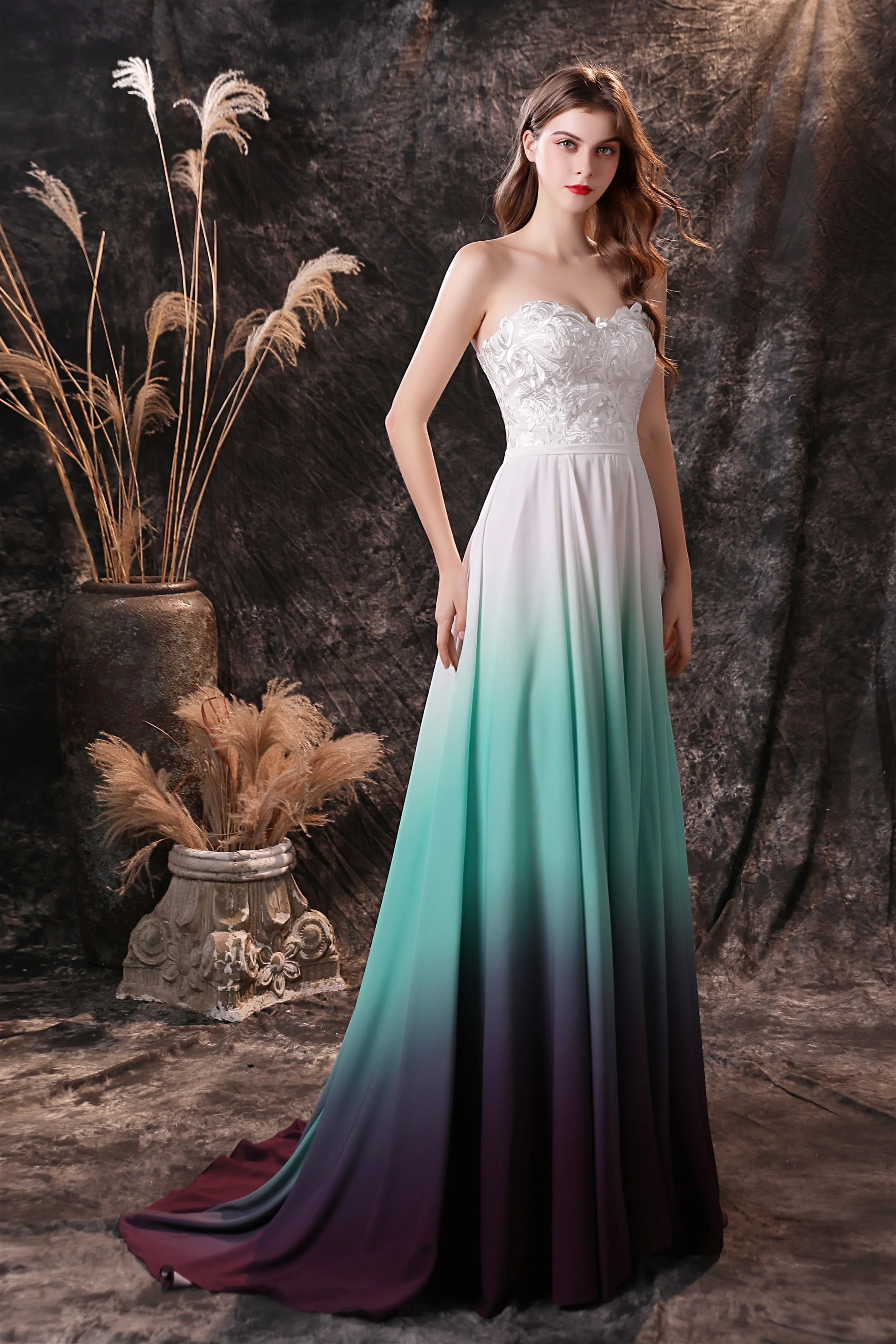 A Line Strapless Sleeveless Appliques Ombre Silk Like Satin Sweep Train Prom Dresses