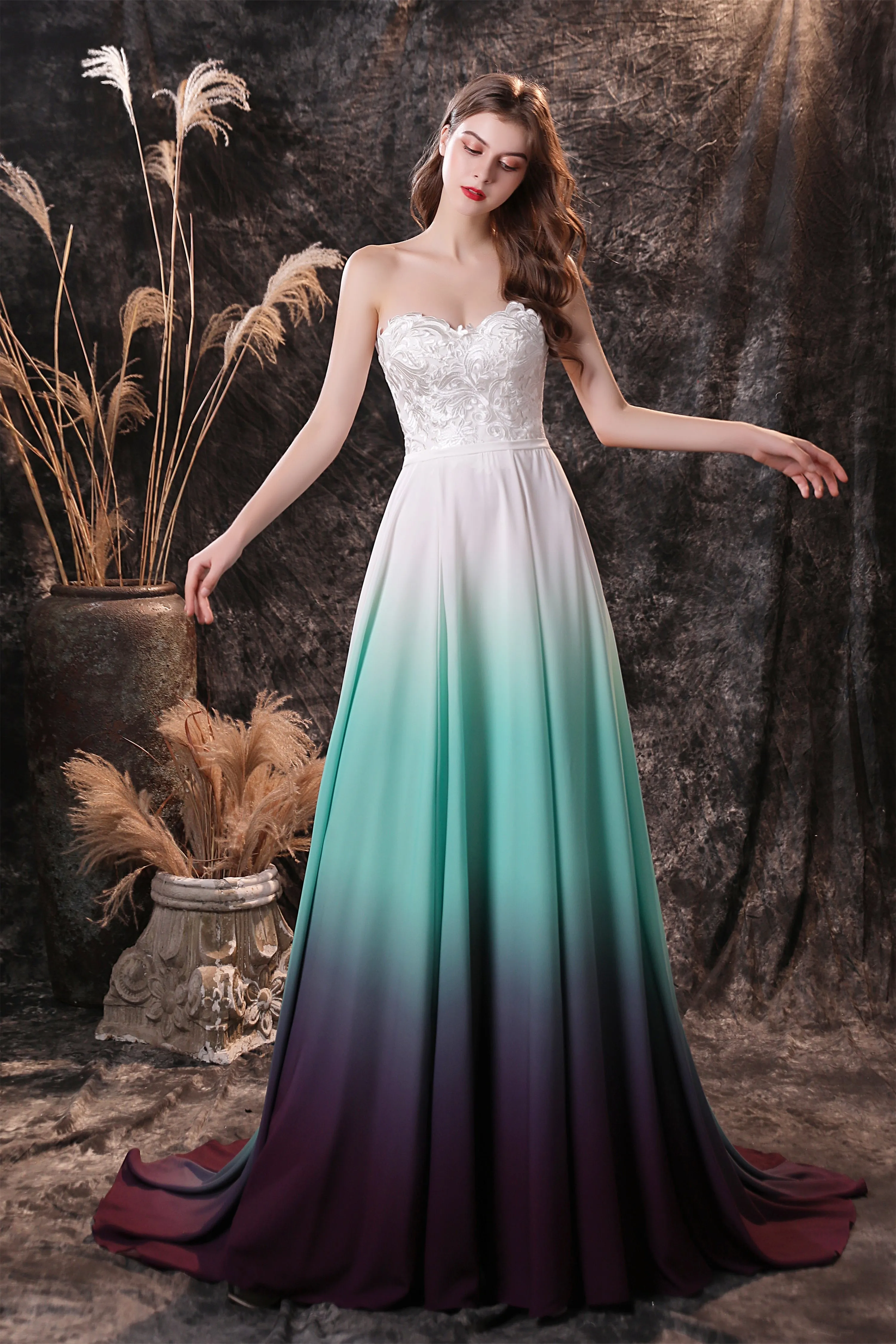 A Line Strapless Sleeveless Appliques Ombre Silk Like Satin Sweep Train Prom Dresses