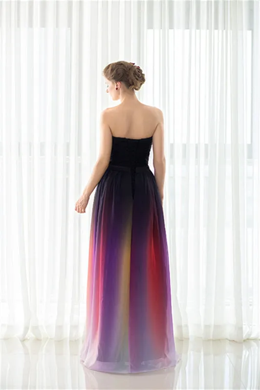 A Line Strapless Sleeveless Colorful Chiffon Floor Length Prom Dresses With Belt