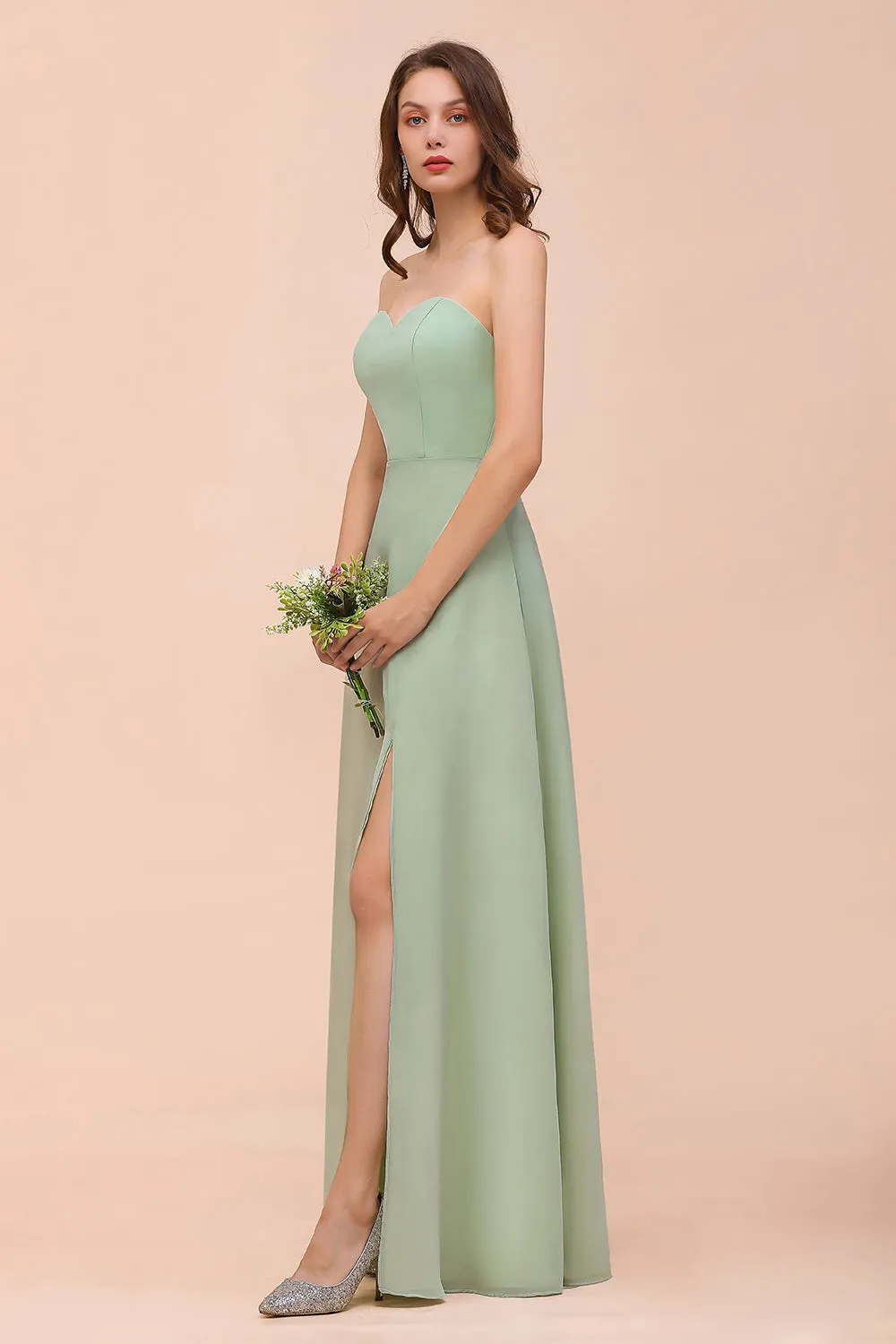 A-Line Sweetheart Chiffon Long Bridesmaid Dress with Slit