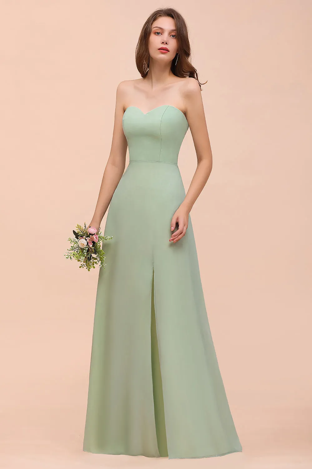 A-Line Sweetheart Chiffon Long Bridesmaid Dress with Slit