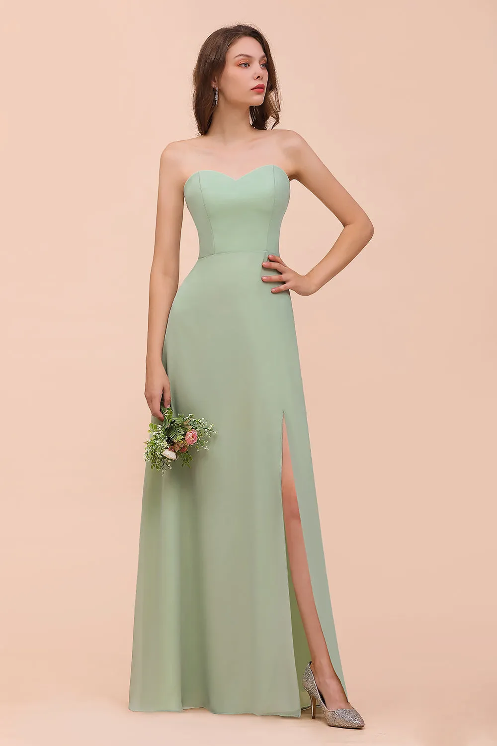 A-Line Sweetheart Chiffon Long Bridesmaid Dress with Slit