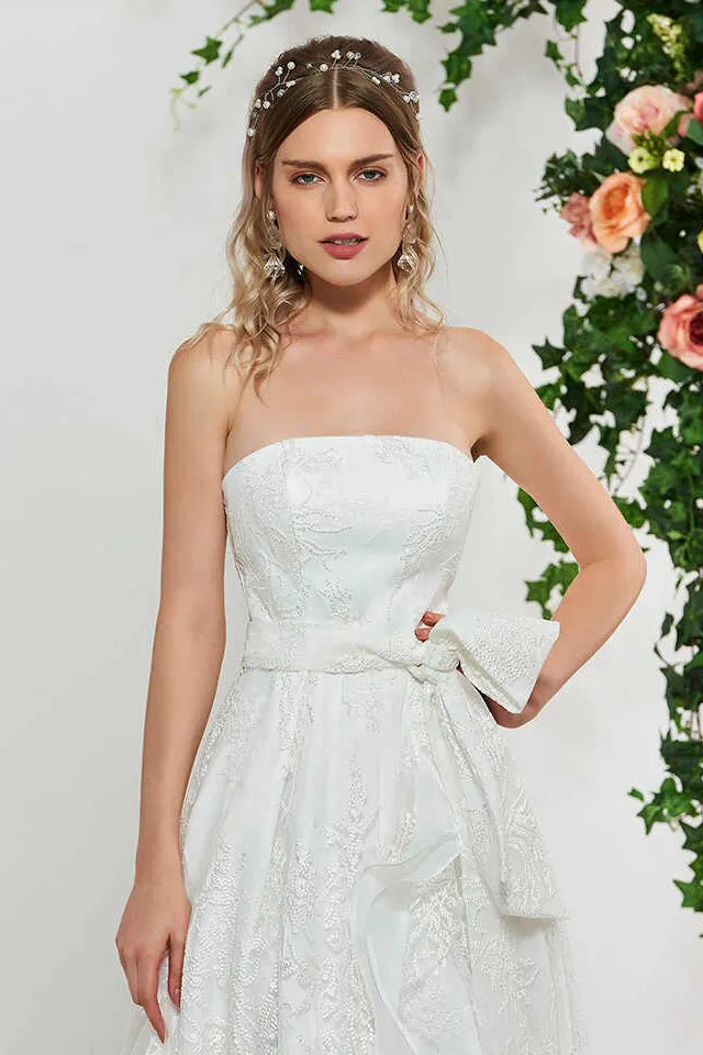 Adorable Sleeveless High-Low Lace Bridal Gown With Sash And Bow-715815