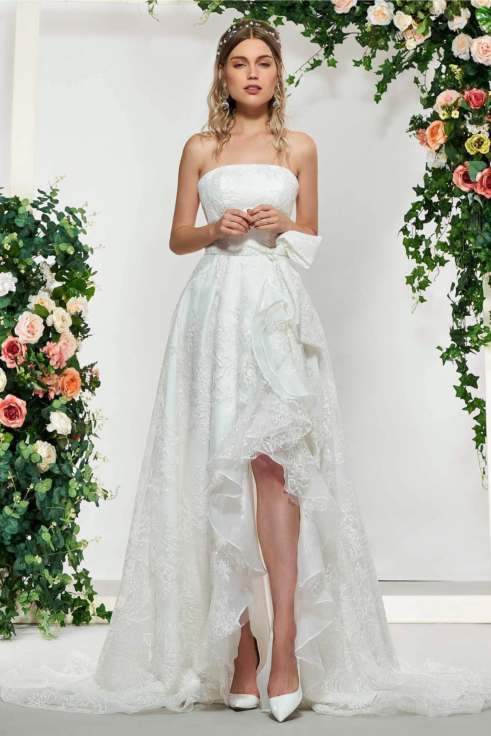 Adorable Sleeveless High-Low Lace Bridal Gown With Sash And Bow-715815