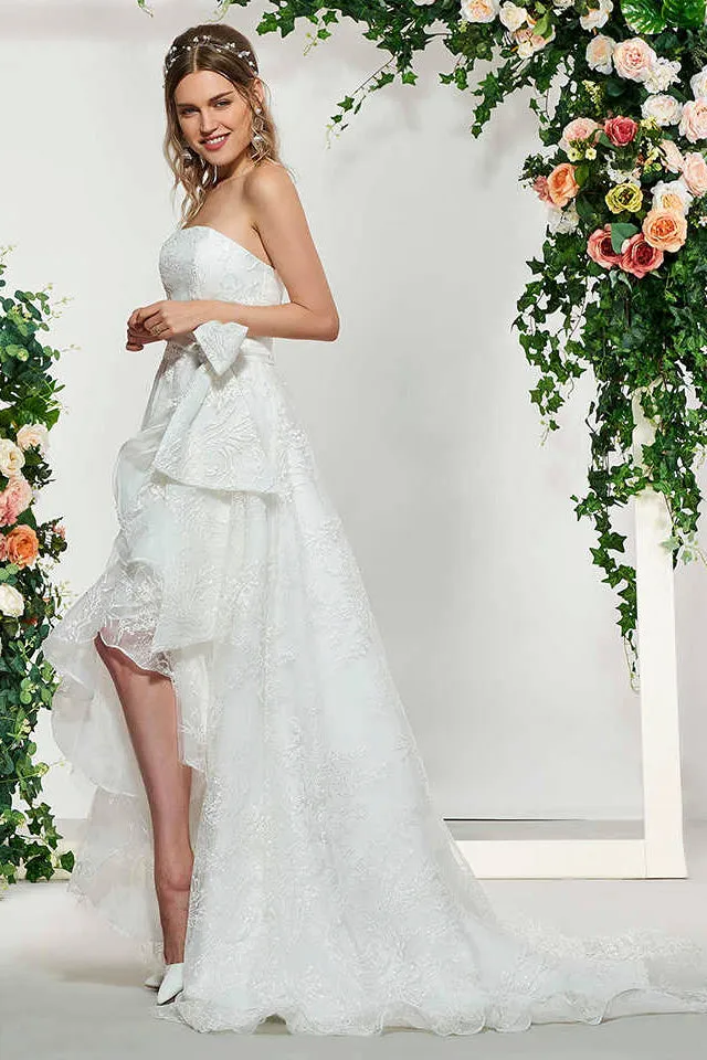 Adorable Sleeveless High-Low Lace Bridal Gown With Sash And Bow-715815