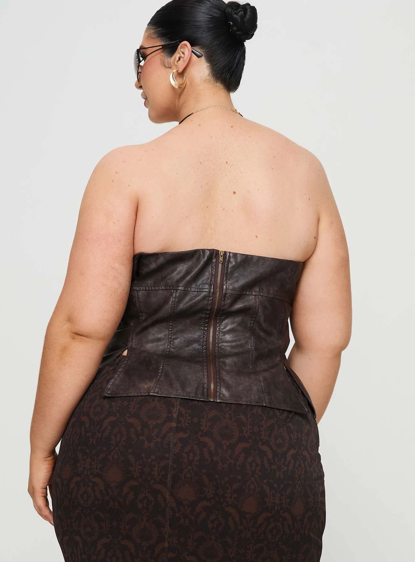 Afraid Strapless Faux Leather Top Brown Curve