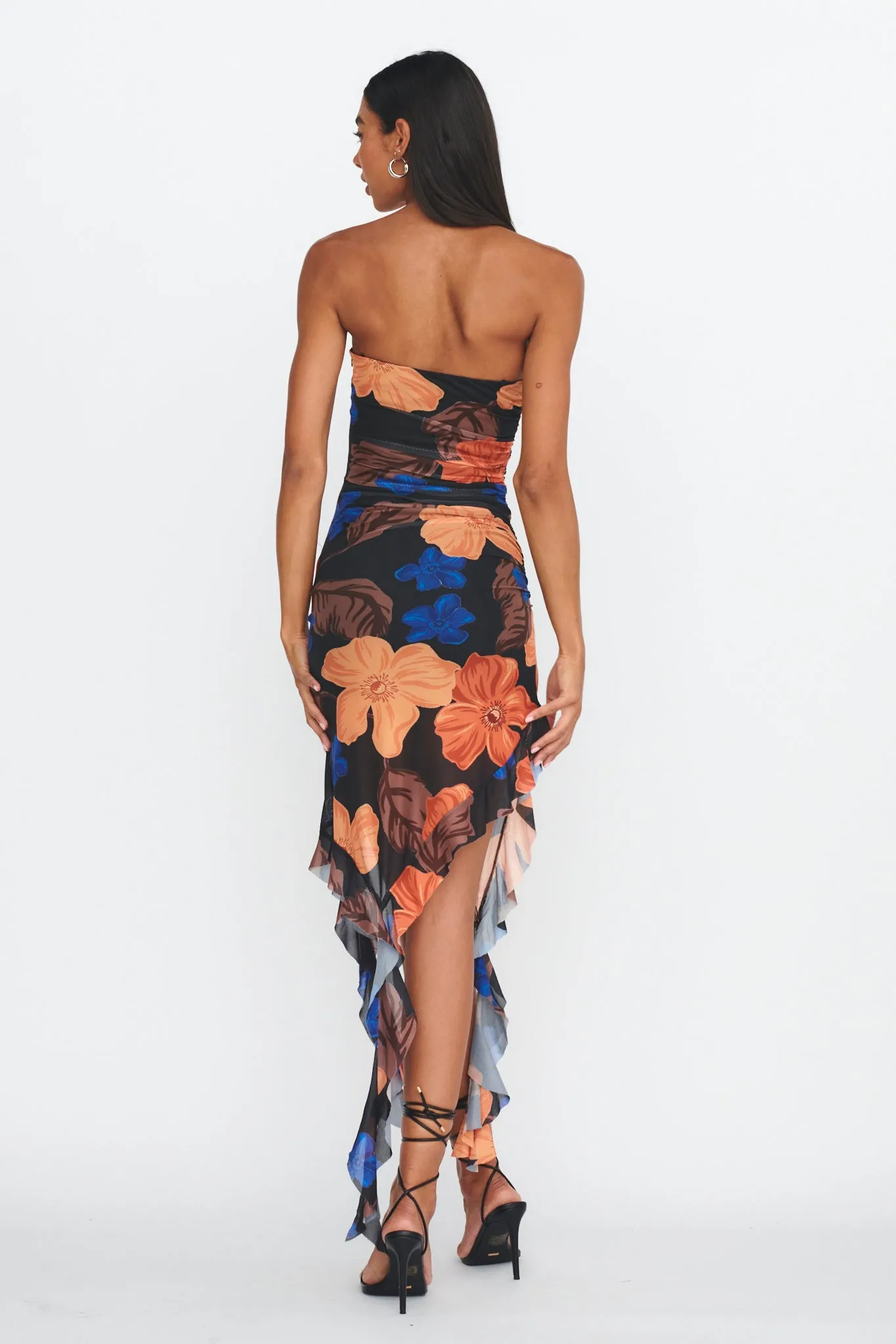 After Party Ruffle Trim Midi Dress Floral Black