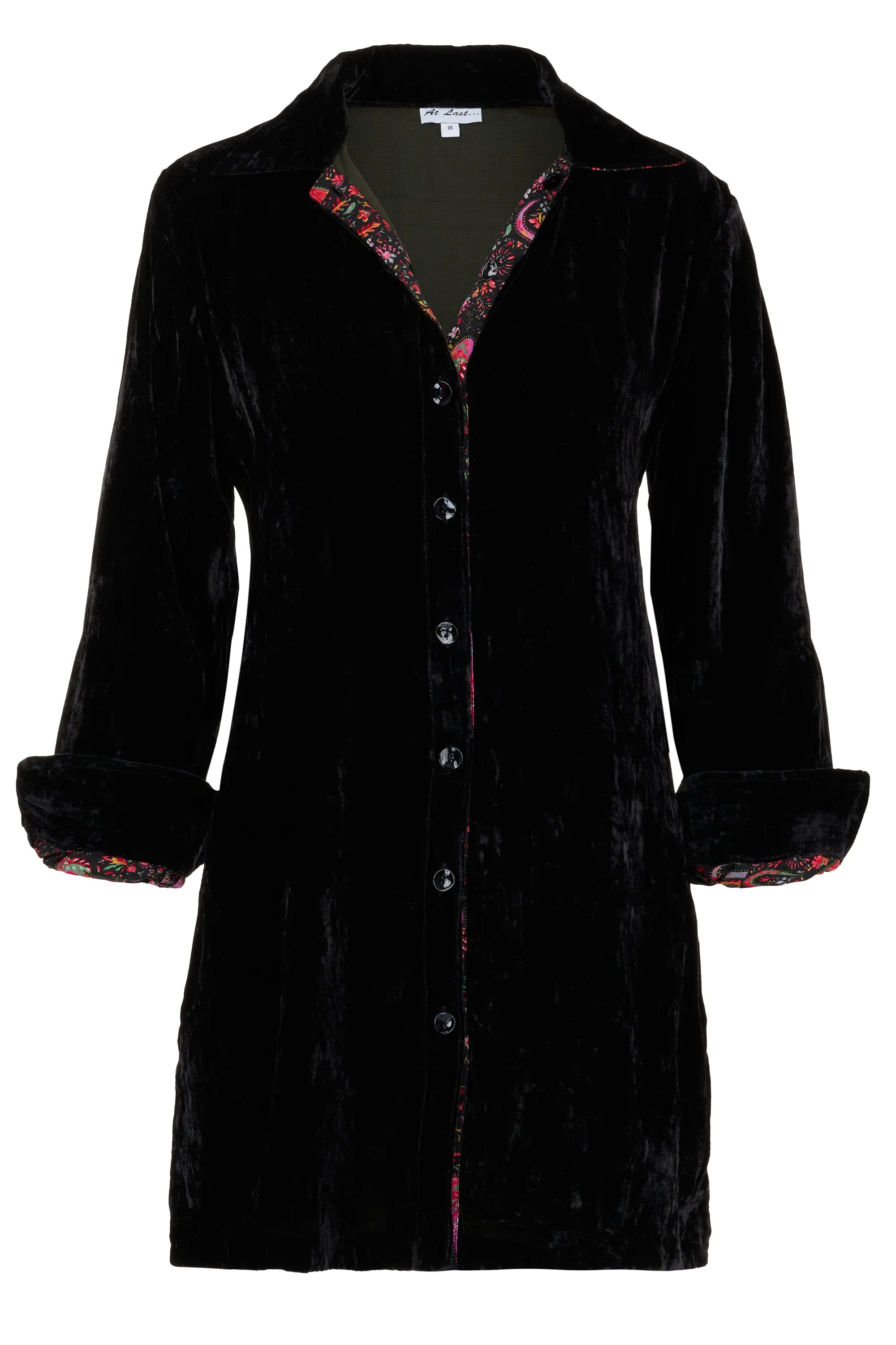 Amanda Silk Velvet Shirt In Black With Lined Cuff & Collar