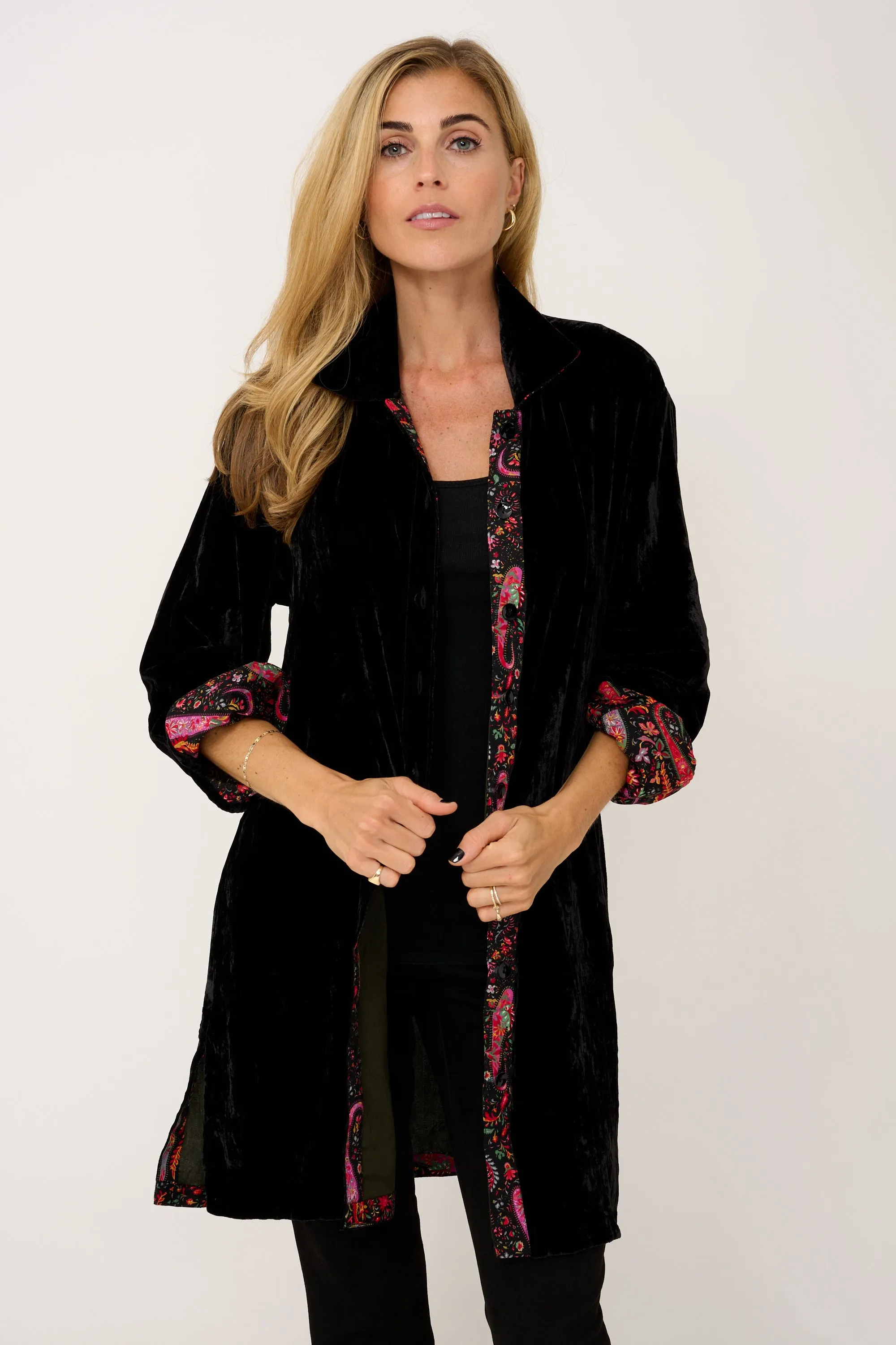 Amanda Silk Velvet Shirt In Black With Lined Cuff & Collar