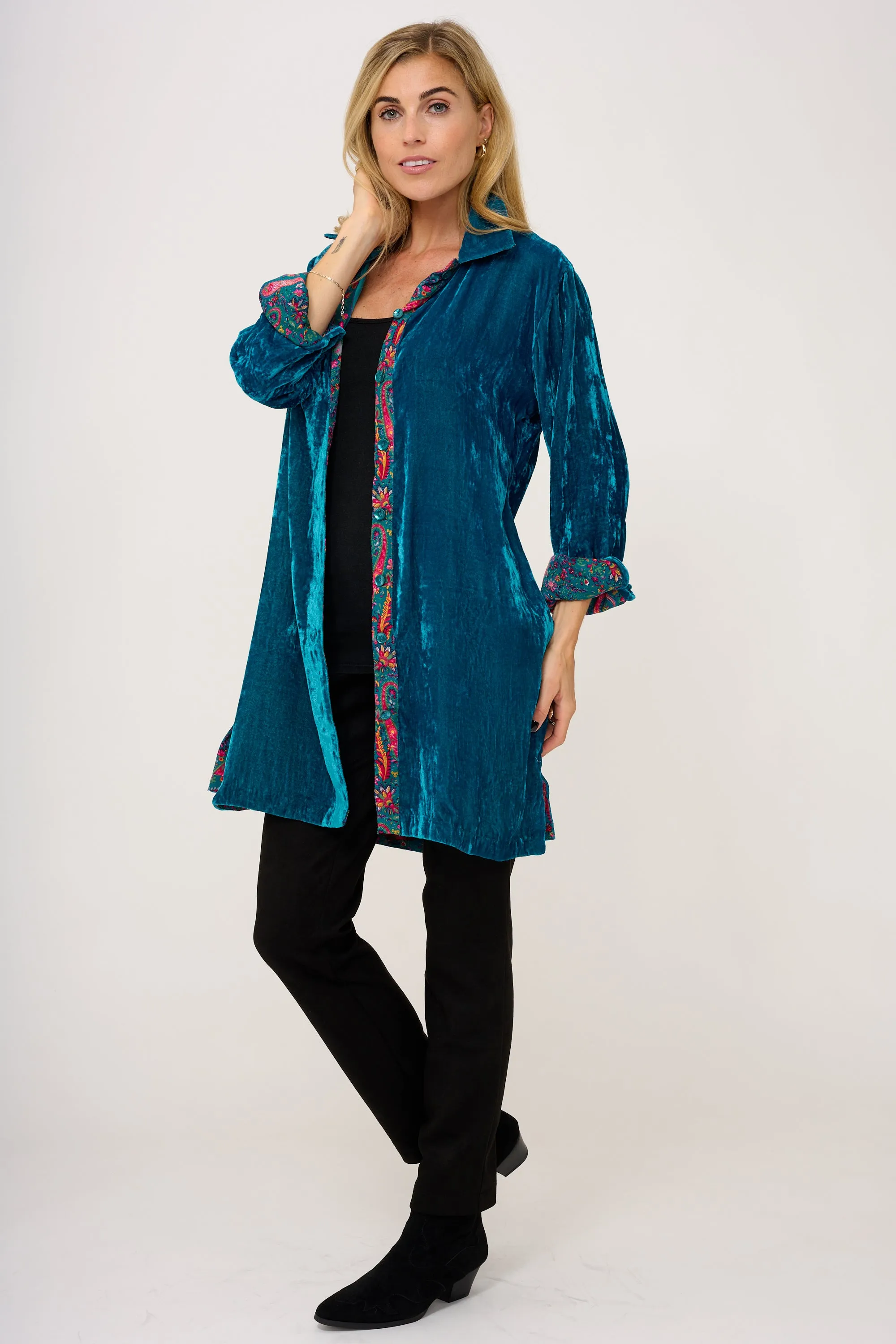 Amanda Silk Velvet Shirt In Peacock With Lined Cuff & Collar