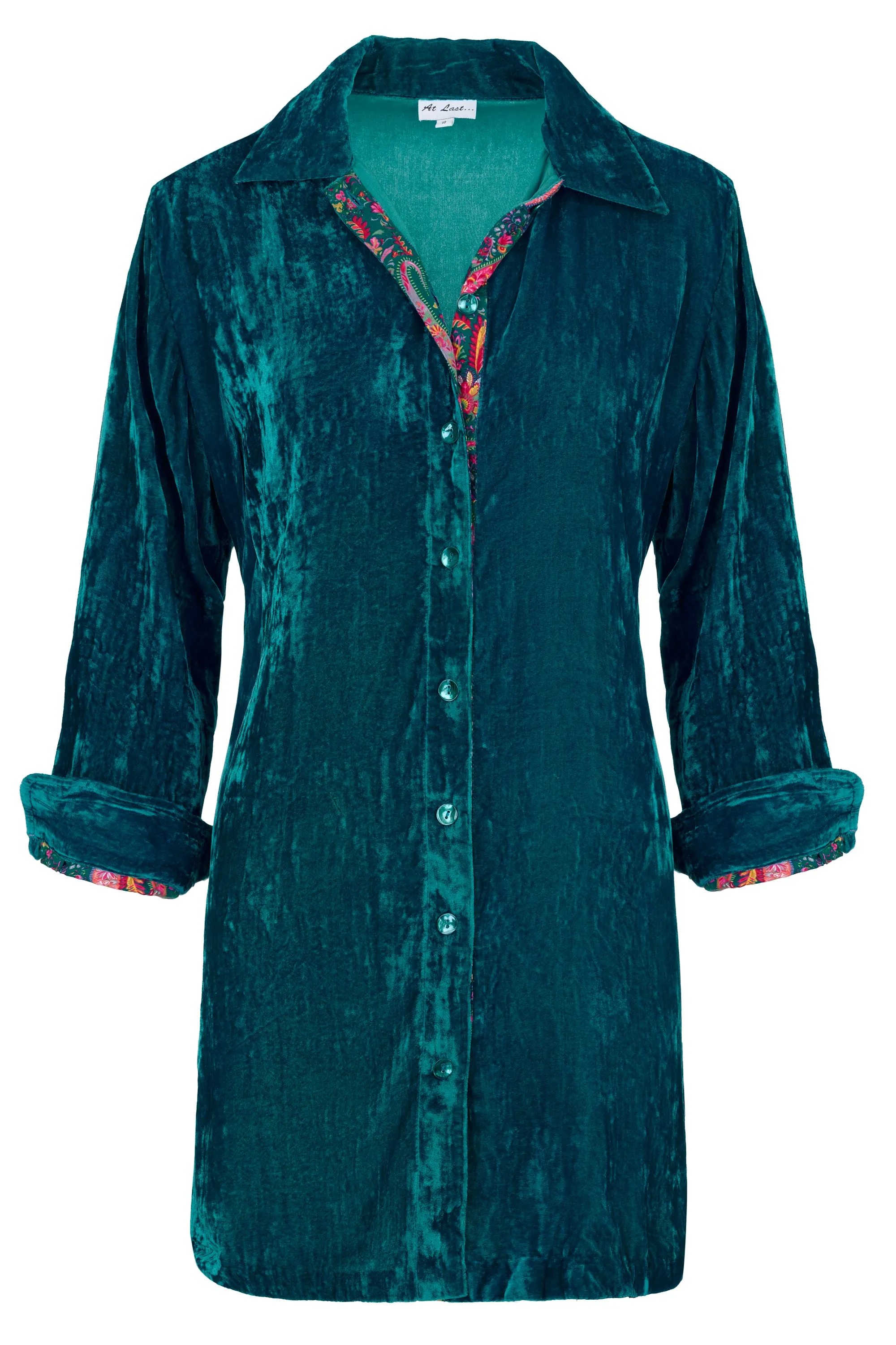 Amanda Silk Velvet Shirt In Peacock With Lined Cuff & Collar