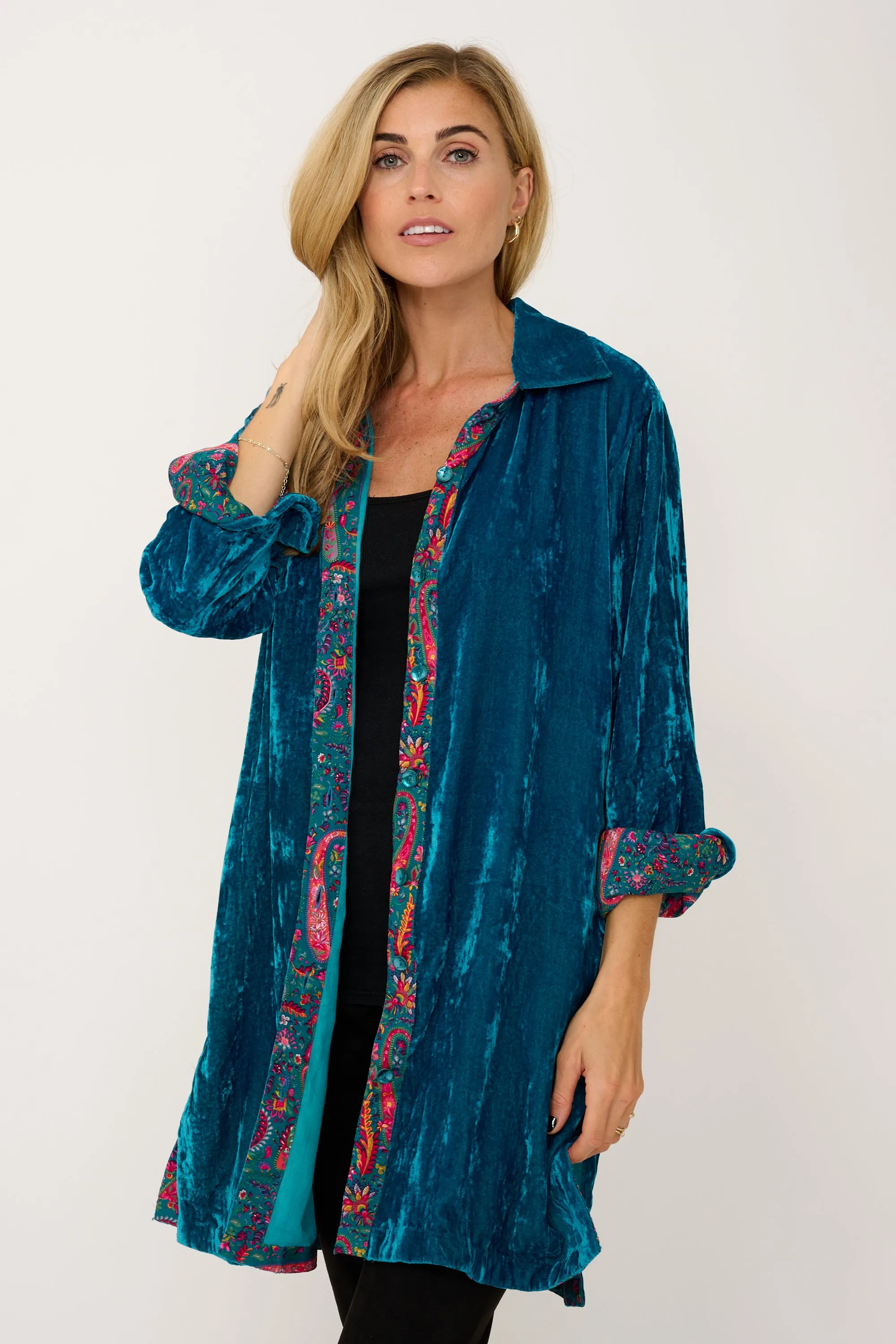 Amanda Silk Velvet Shirt In Peacock With Lined Cuff & Collar