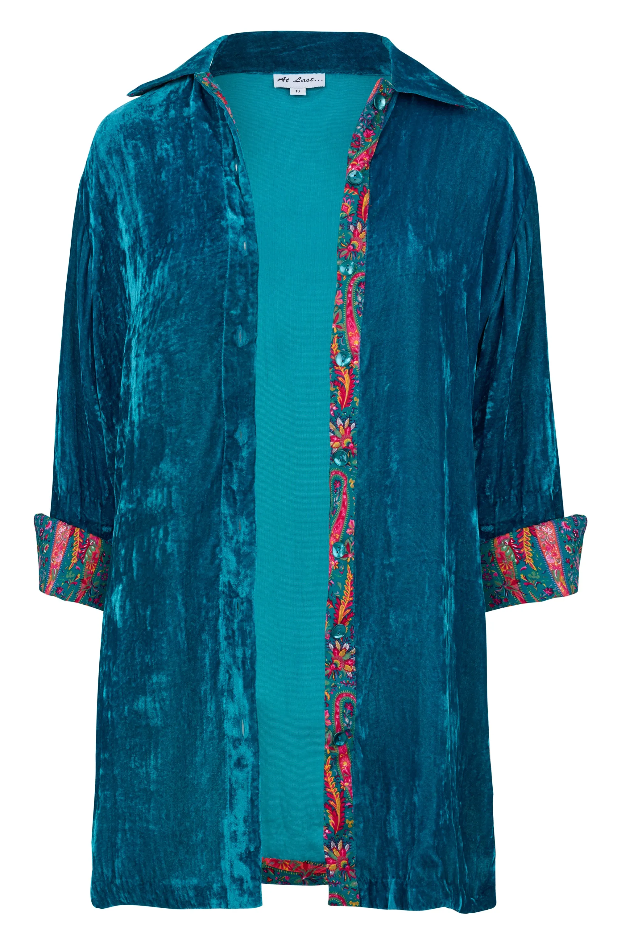 Amanda Silk Velvet Shirt In Peacock With Lined Cuff & Collar