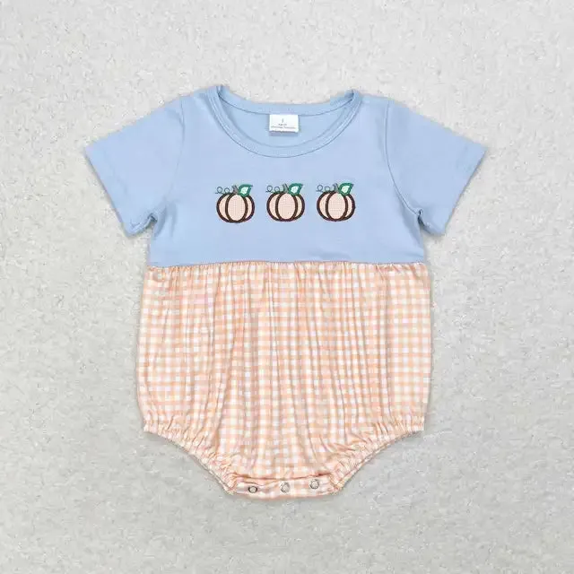 Baby Onesie Romper - Autumn - Pumpkin Applique - Boys Plaid