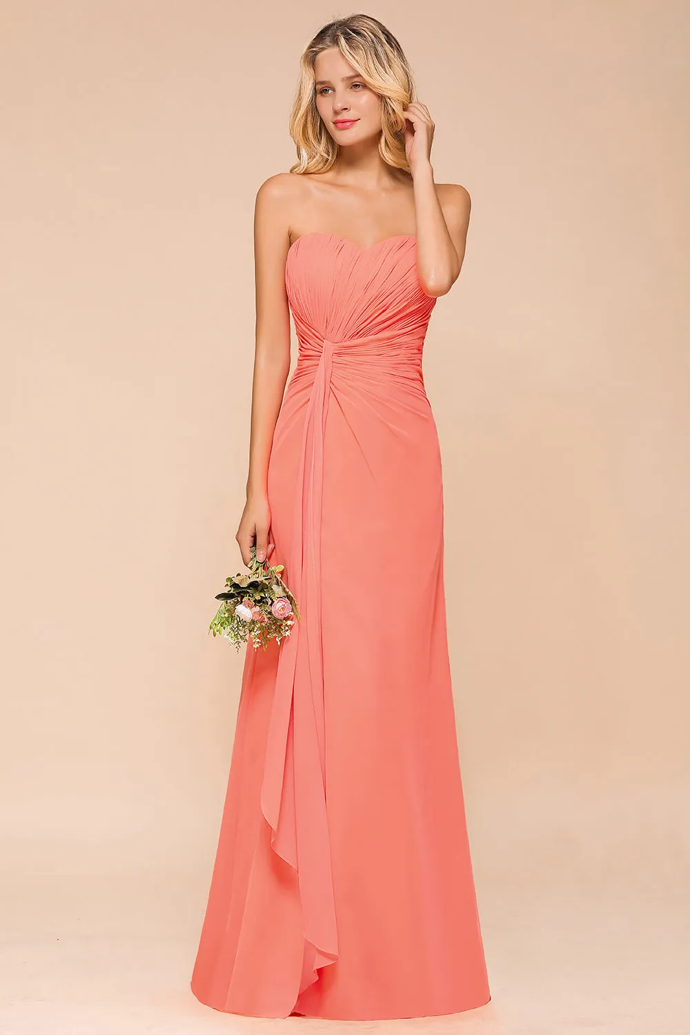 Beautiful Long A-line Strapless Backless Chiffon Bridesmaid Dress With Ruched