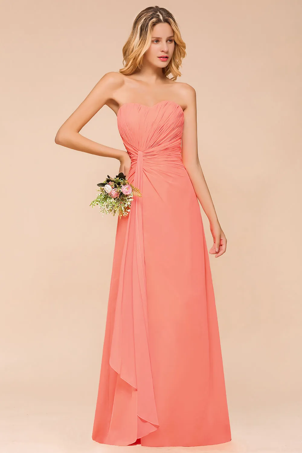 Beautiful Long A-line Strapless Backless Chiffon Bridesmaid Dress With Ruched