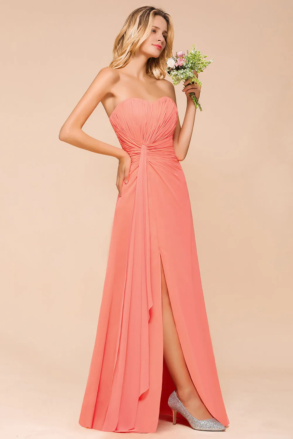 Beautiful Long A-line Strapless Backless Chiffon Bridesmaid Dress With Ruched