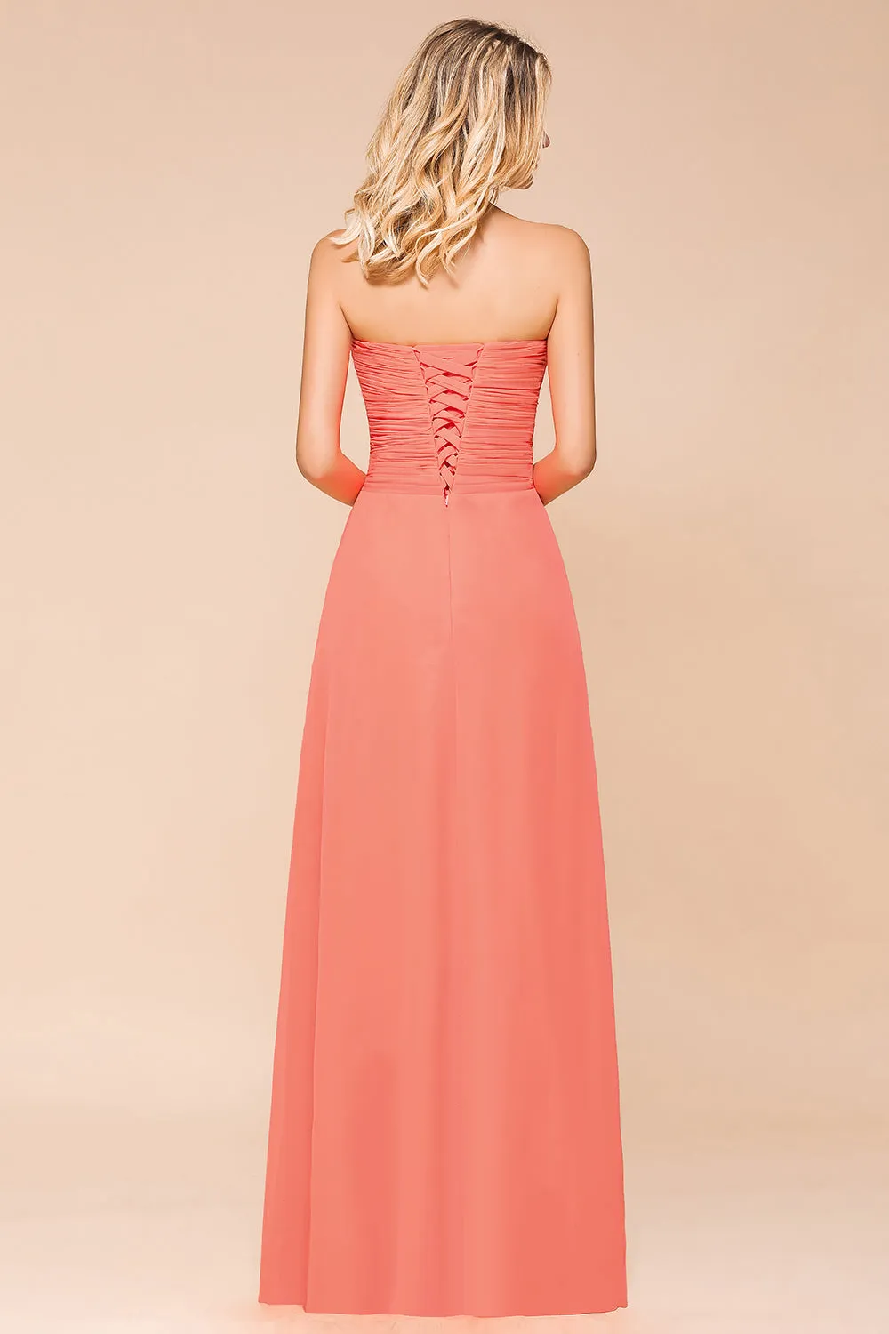 Beautiful Long A-line Strapless Backless Chiffon Bridesmaid Dress With Ruched