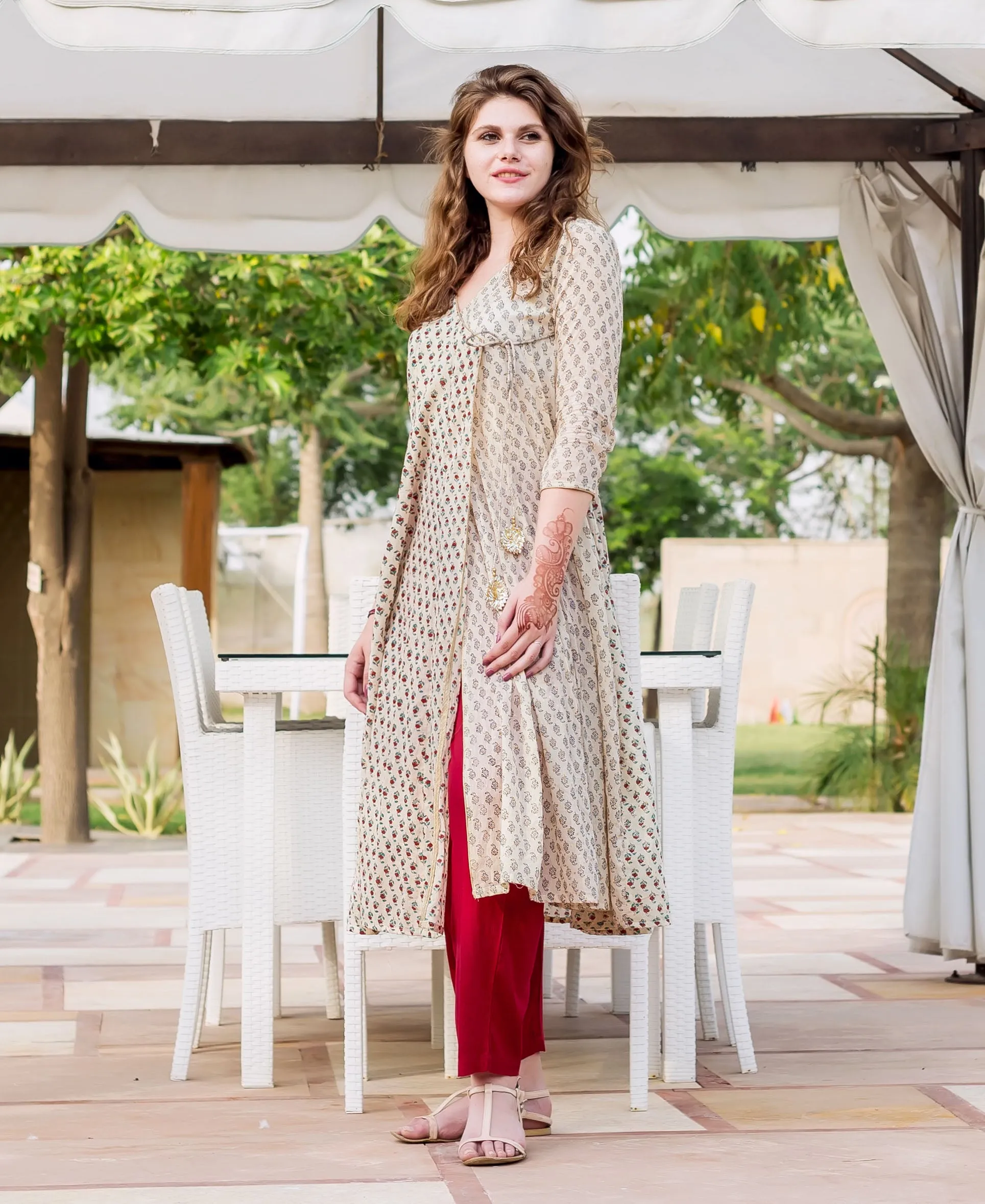 Beige Hand Block Printed Angrakha Kurta