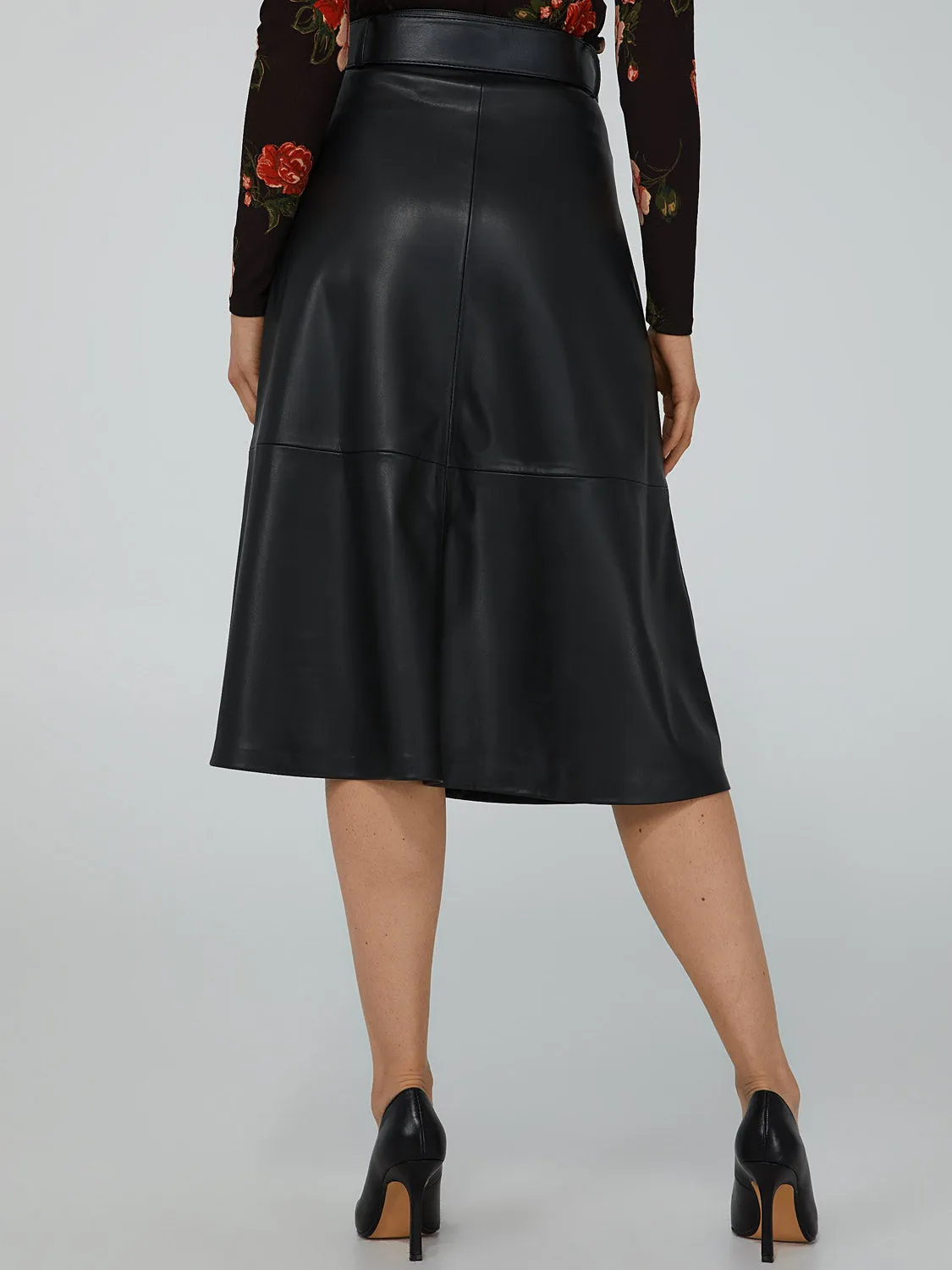 Belted Faux Leather Midi Skirt