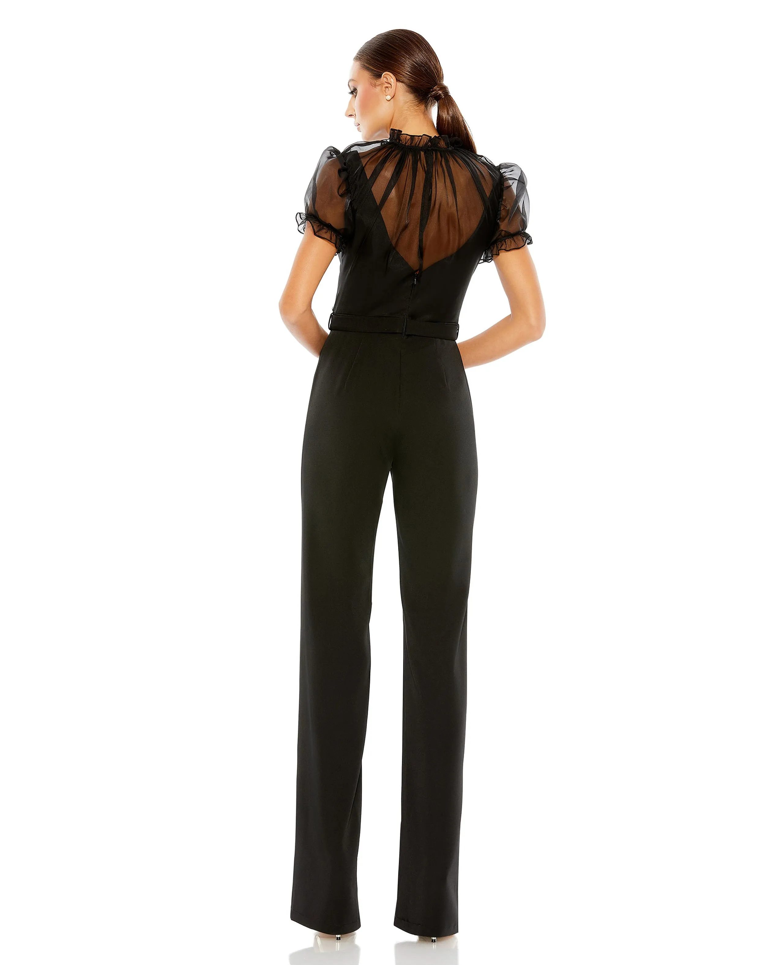 Belted Illusion High Neck Cap Sleeve Jumpsuit