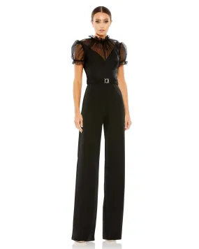 Belted Illusion High Neck Cap Sleeve Jumpsuit