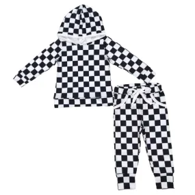 Black & White Checkerboard Long Sleeve Hoodie   Pants Set