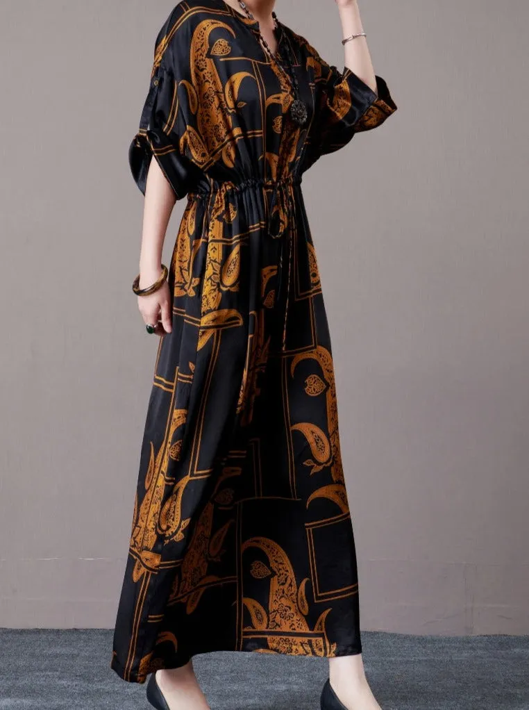 Black and Beige Paisley Print Maxi Dress