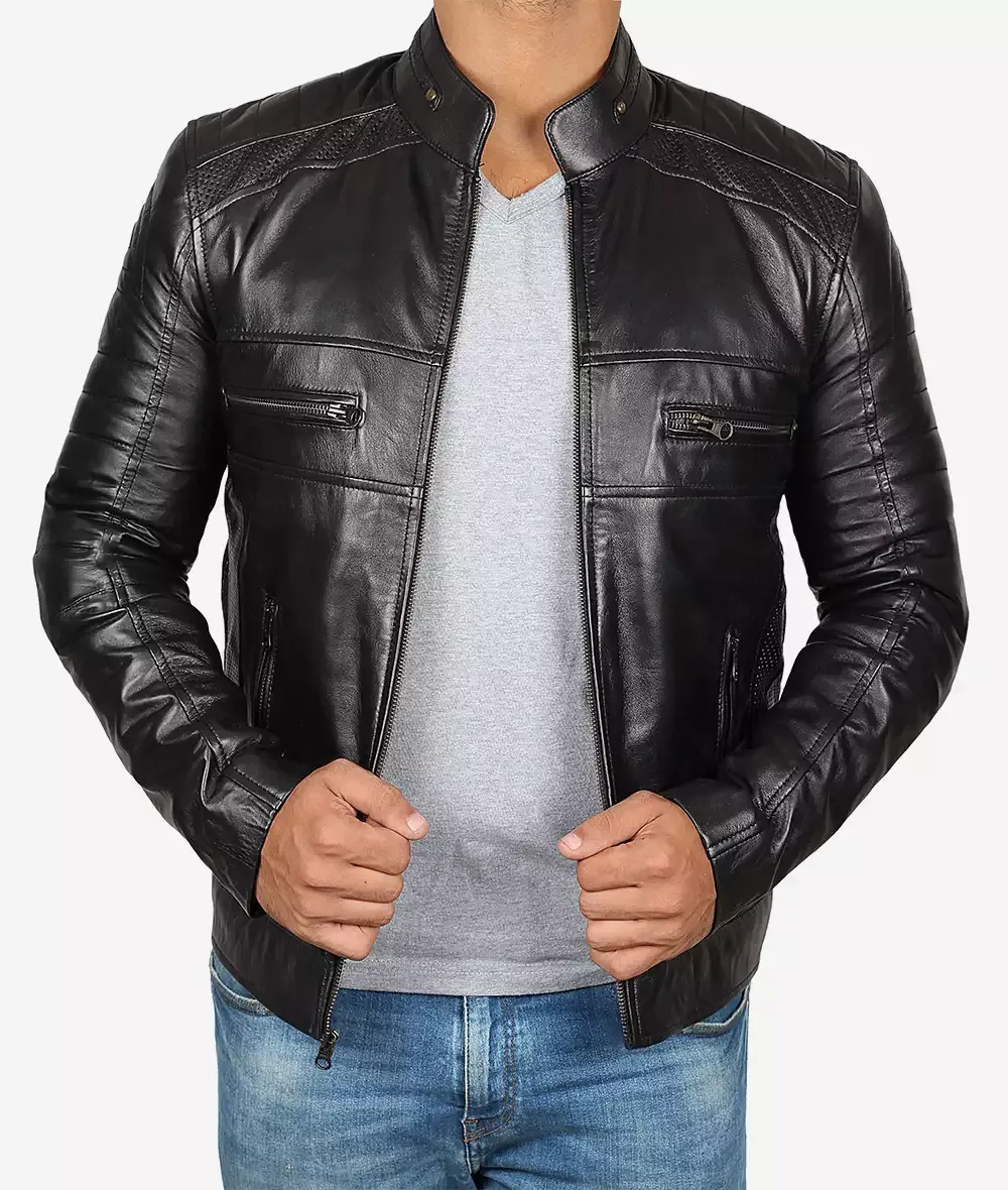 Black Cafe Racer Motorcycle Leather Jacket