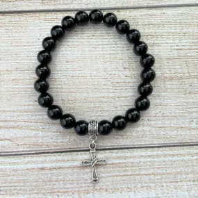 Black Onyx Mens Beaded Bracelet with Silver Cross