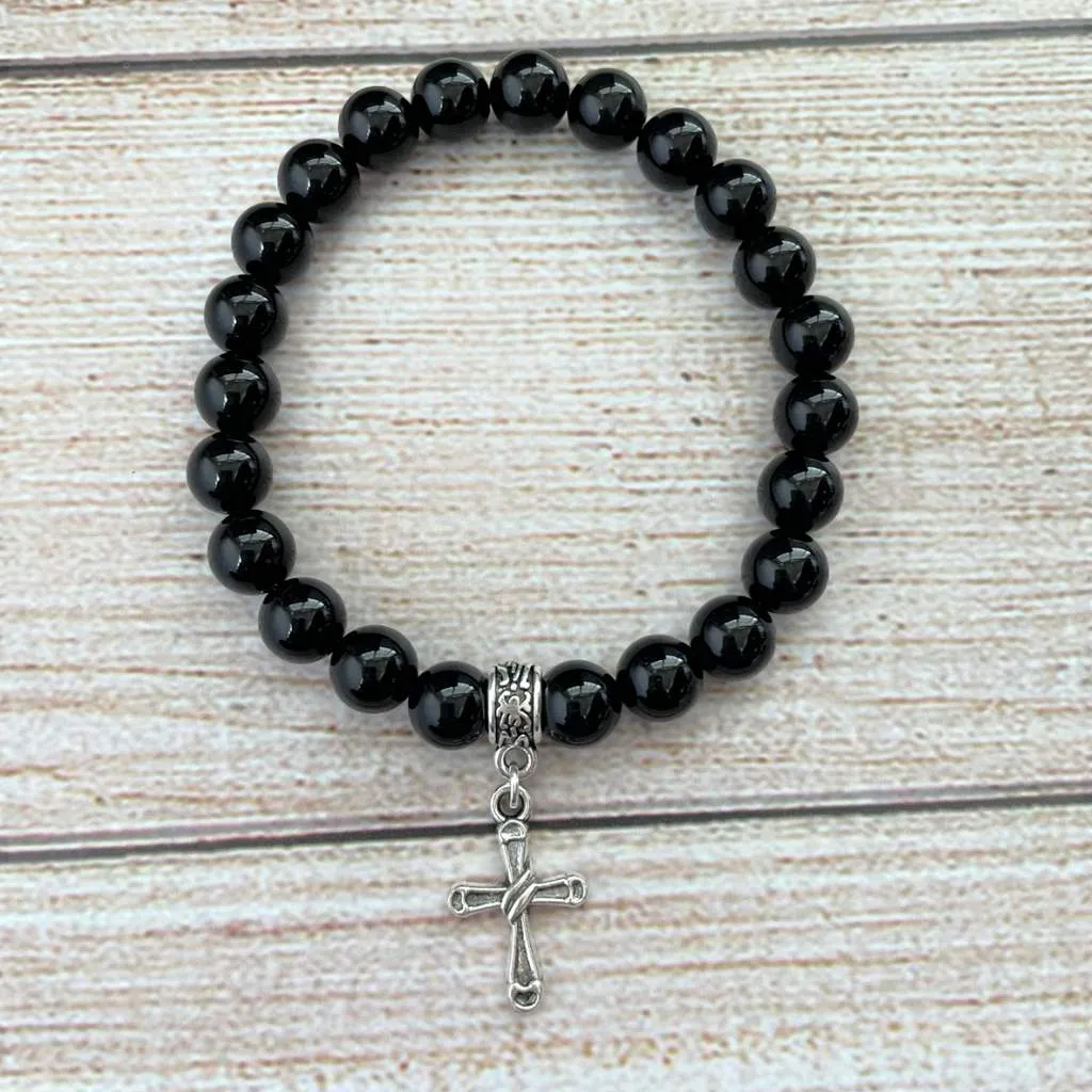 Black Onyx Mens Beaded Bracelet with Silver Cross