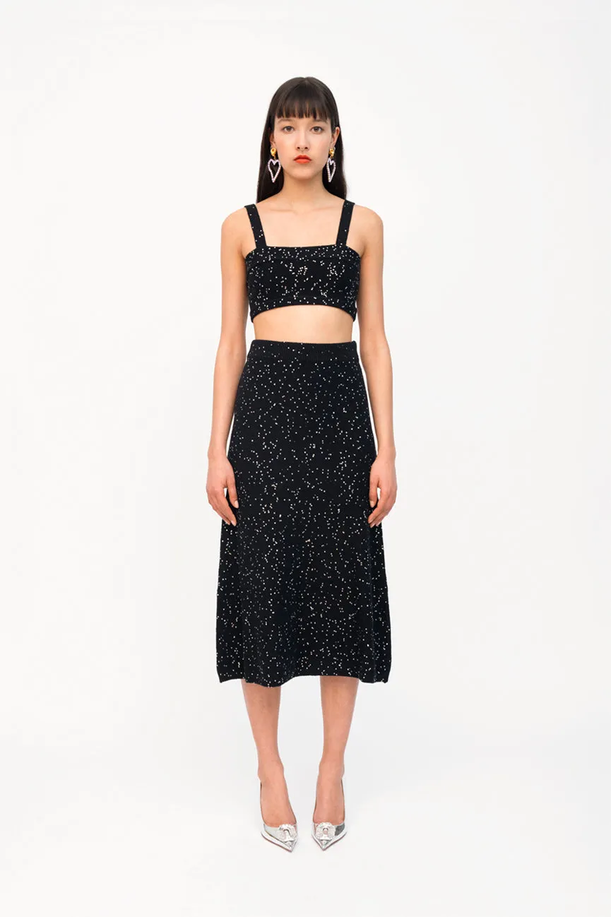 Black Sequins Flared Midi Skirt