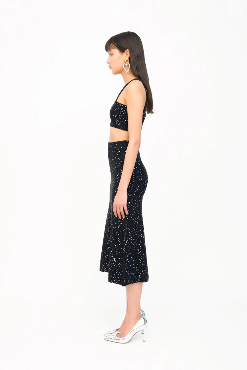 Black Sequins Flared Midi Skirt