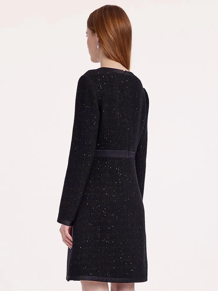 Black Sequins Notched Round Collar Wool Tweed Dress