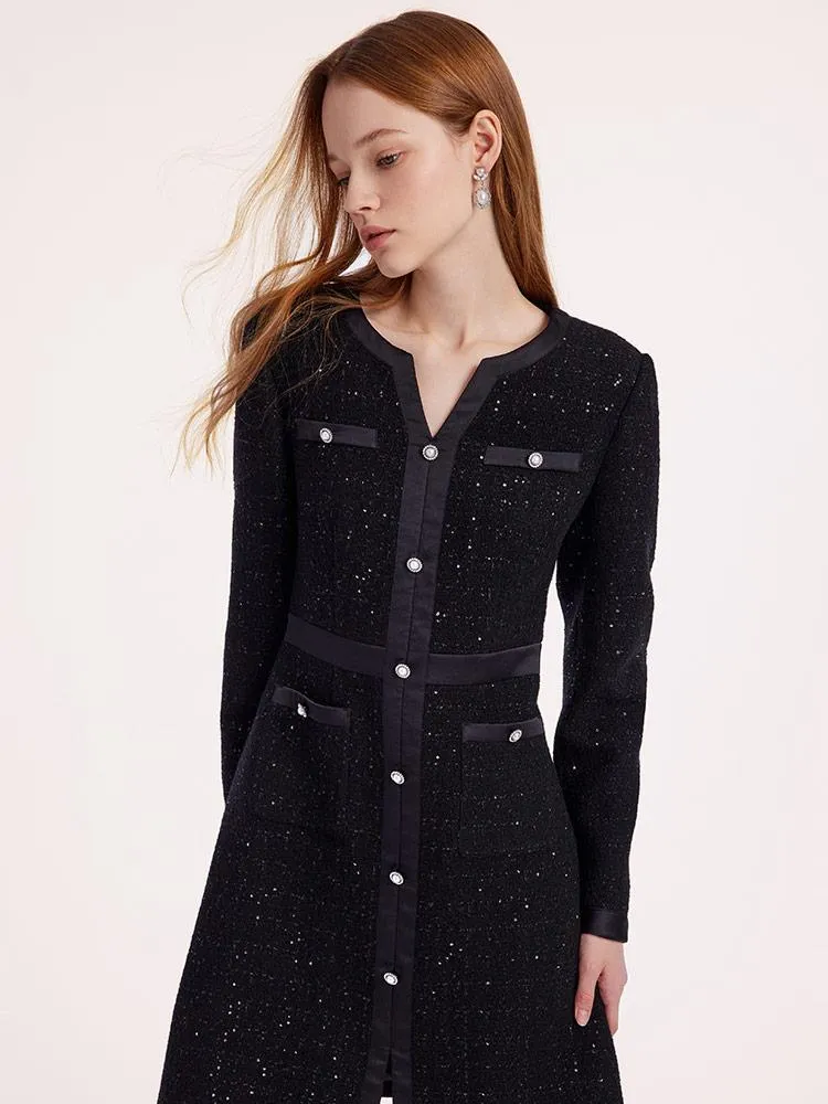 Black Sequins Notched Round Collar Wool Tweed Dress