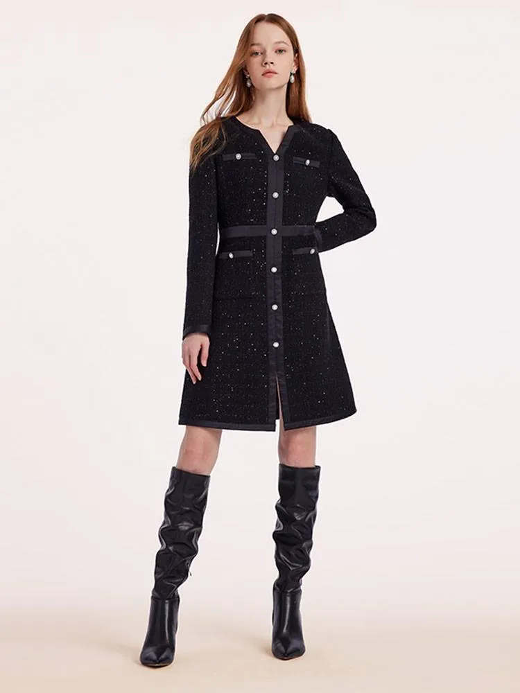 Black Sequins Notched Round Collar Wool Tweed Dress