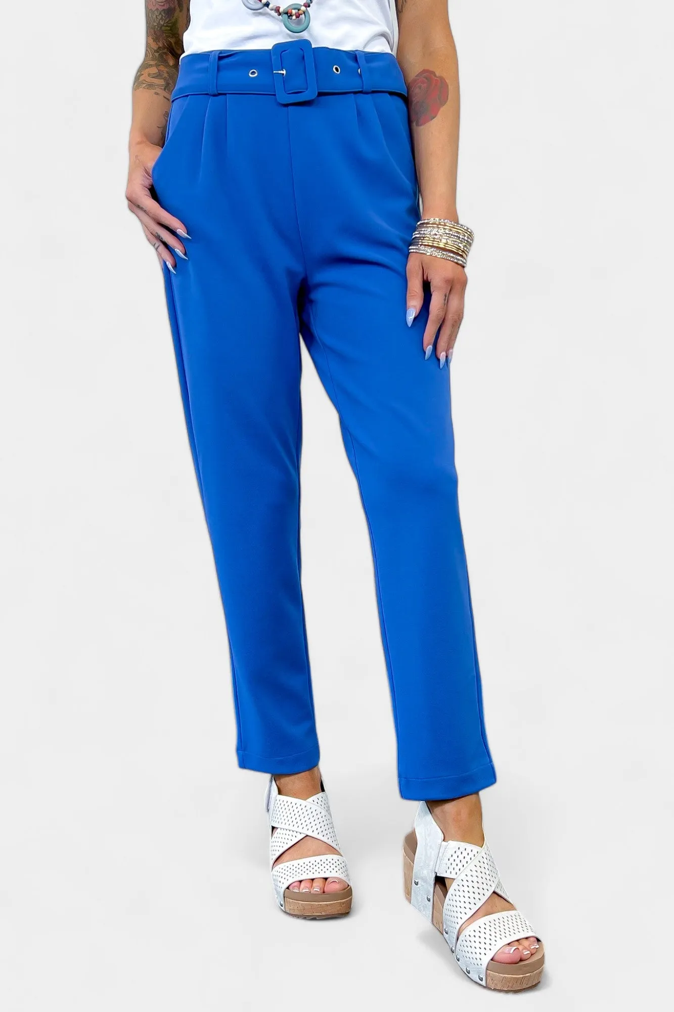 Blue Belted Stretch Pants