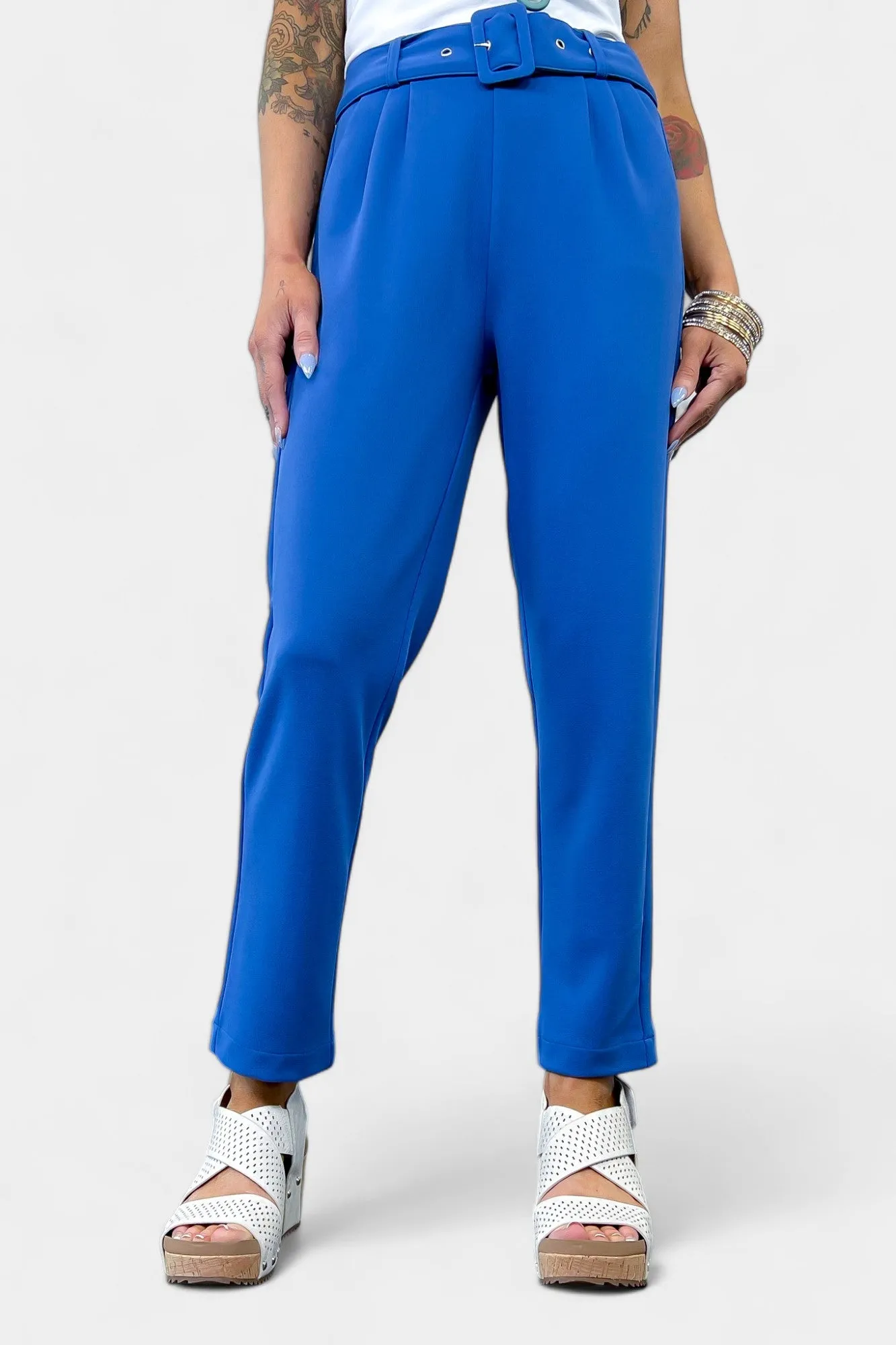 Blue Belted Stretch Pants