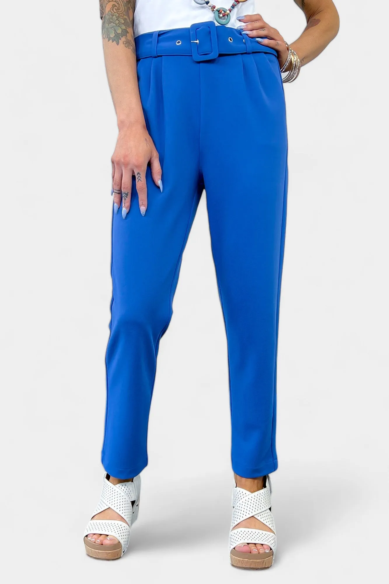 Blue Belted Stretch Pants