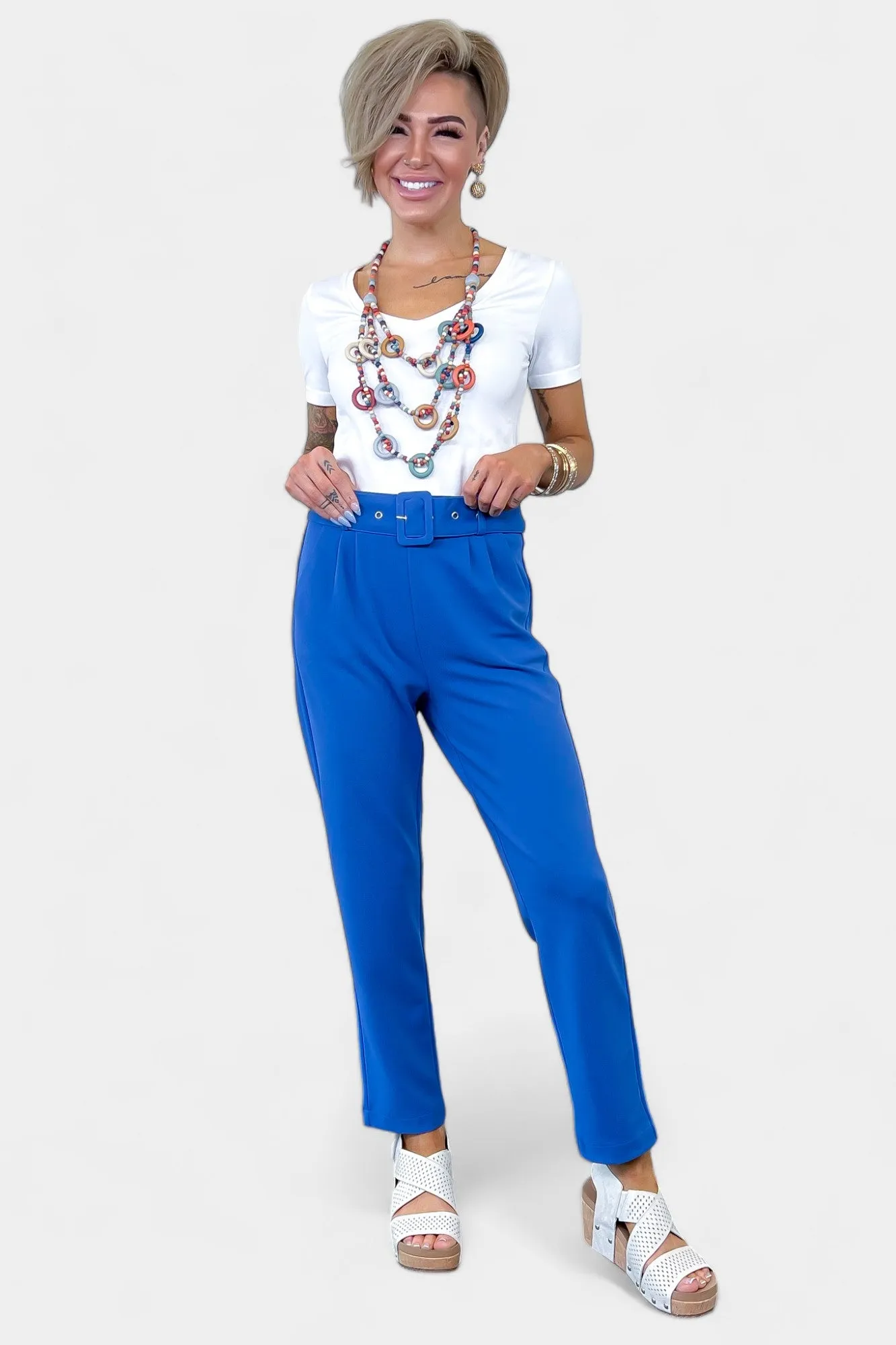 Blue Belted Stretch Pants