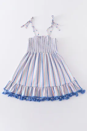 Blue stripe smocked strap dress